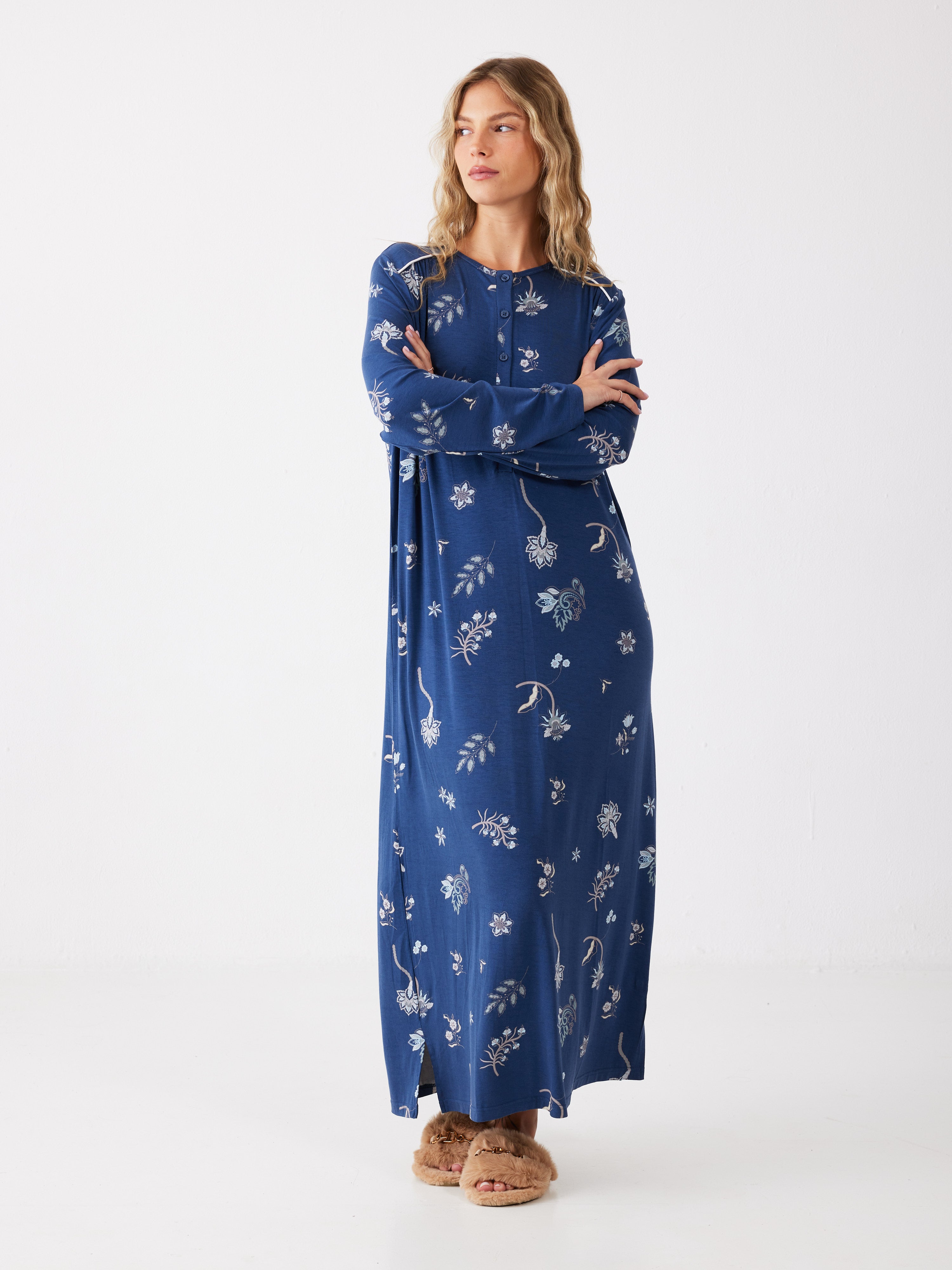 כותונת פרחונית ויסקוזה - כחול