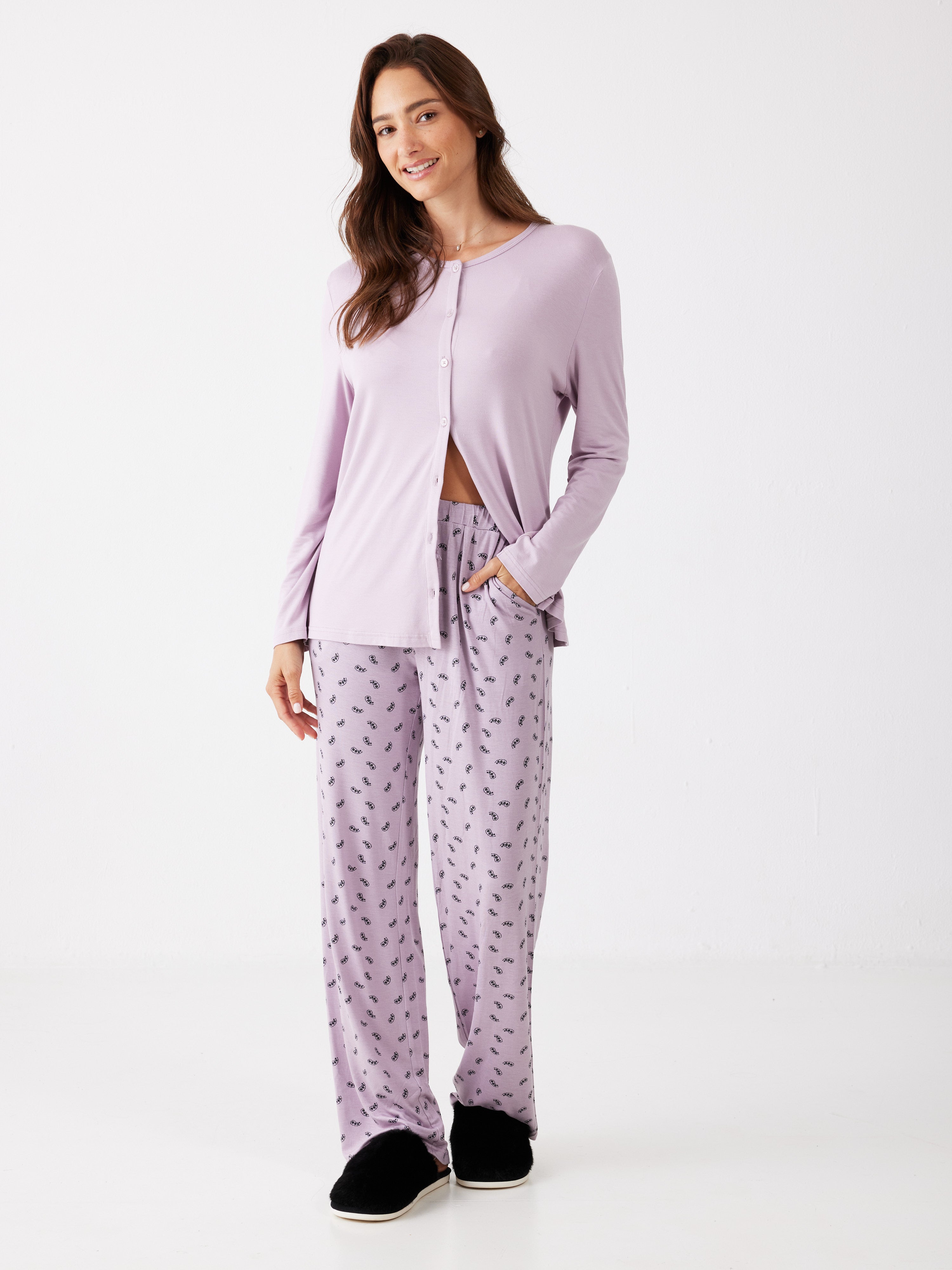 פיג'מה כפתורים הדפס ויסקוזה - סגול מעושן