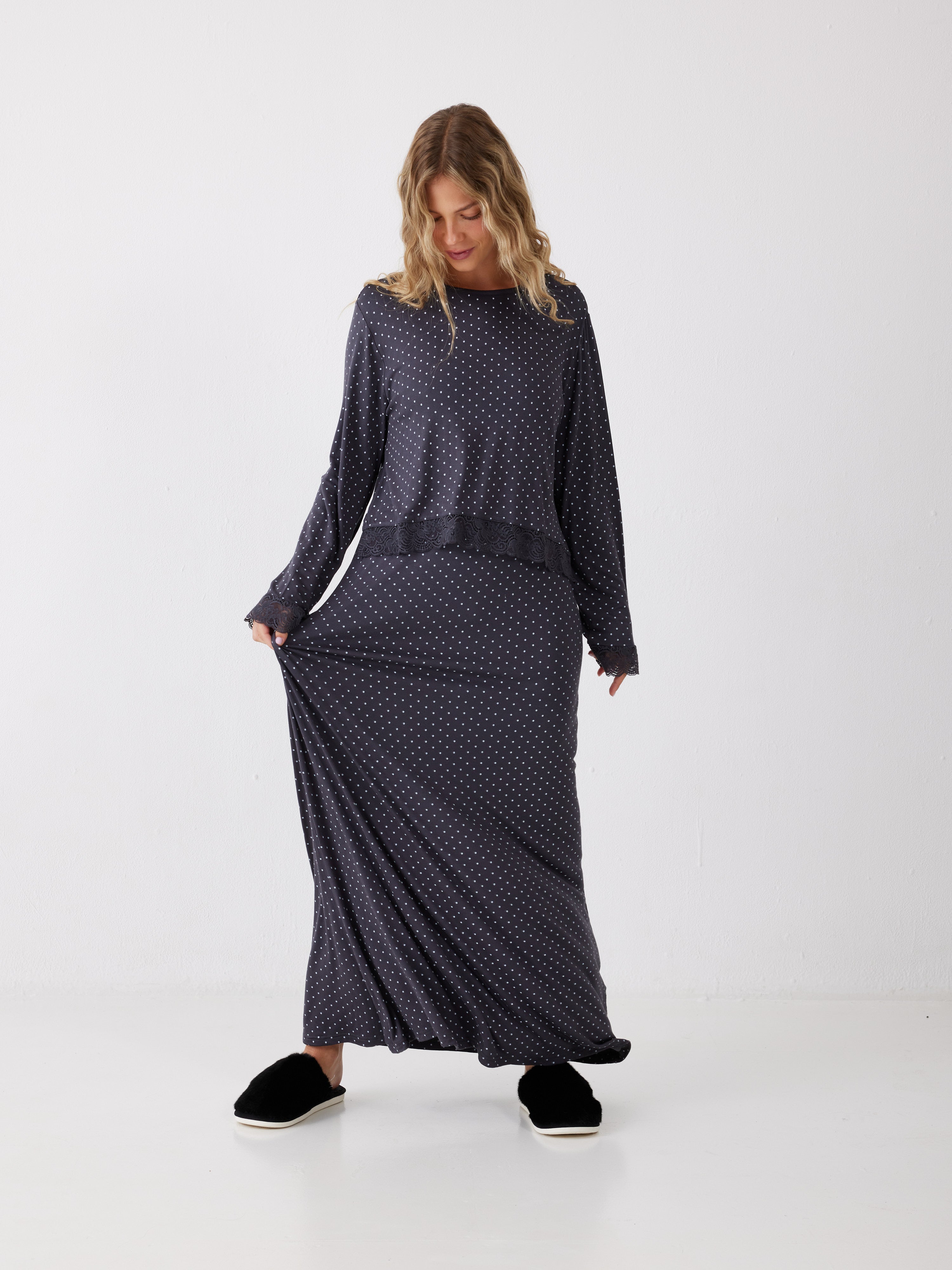 כותונת שרוול 3/4 נקודות ויסקוזה - אפור כהה