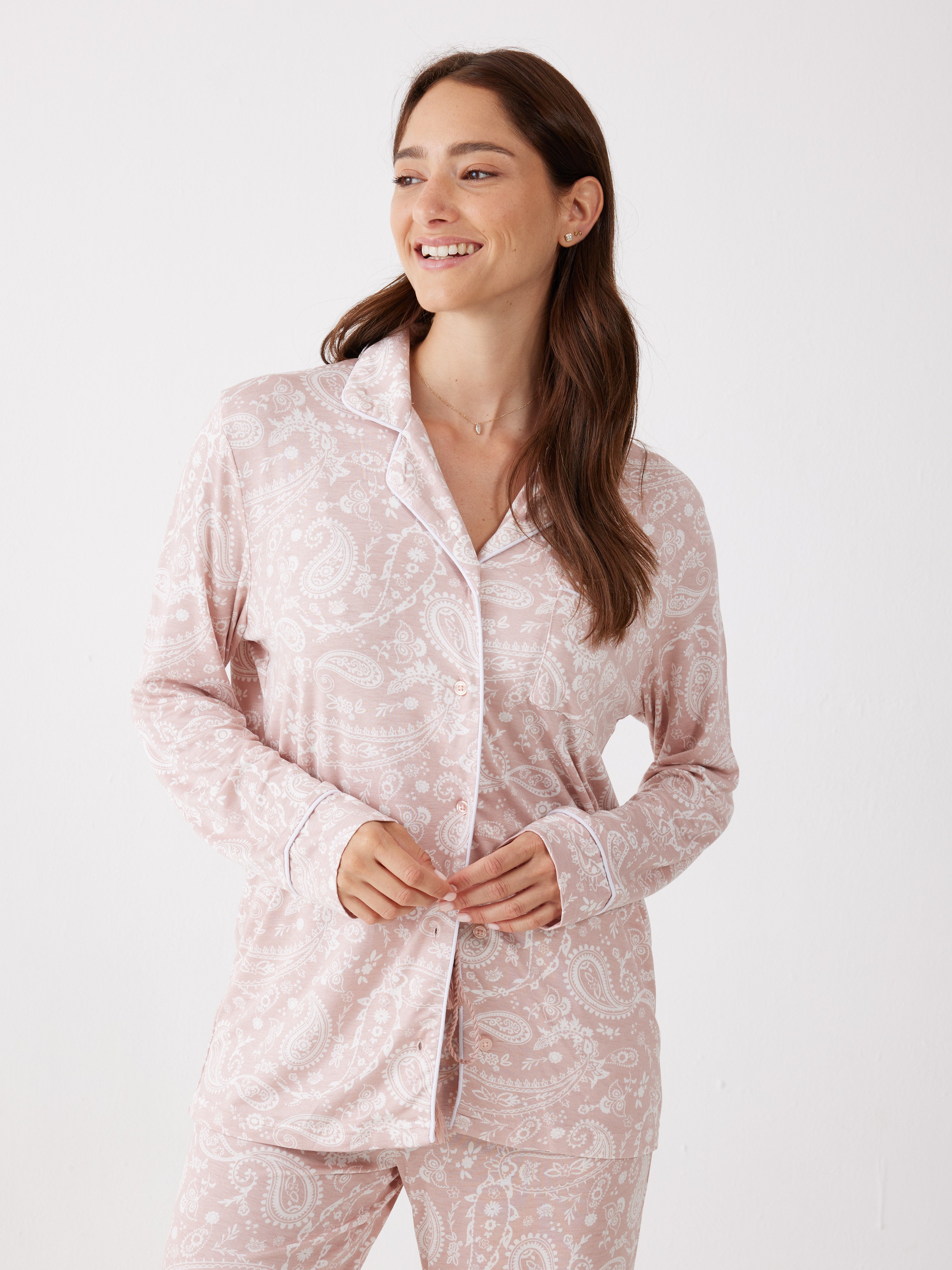פיג'מה מכופתרת פייזלי ויסקוזה - ורוד מעושן