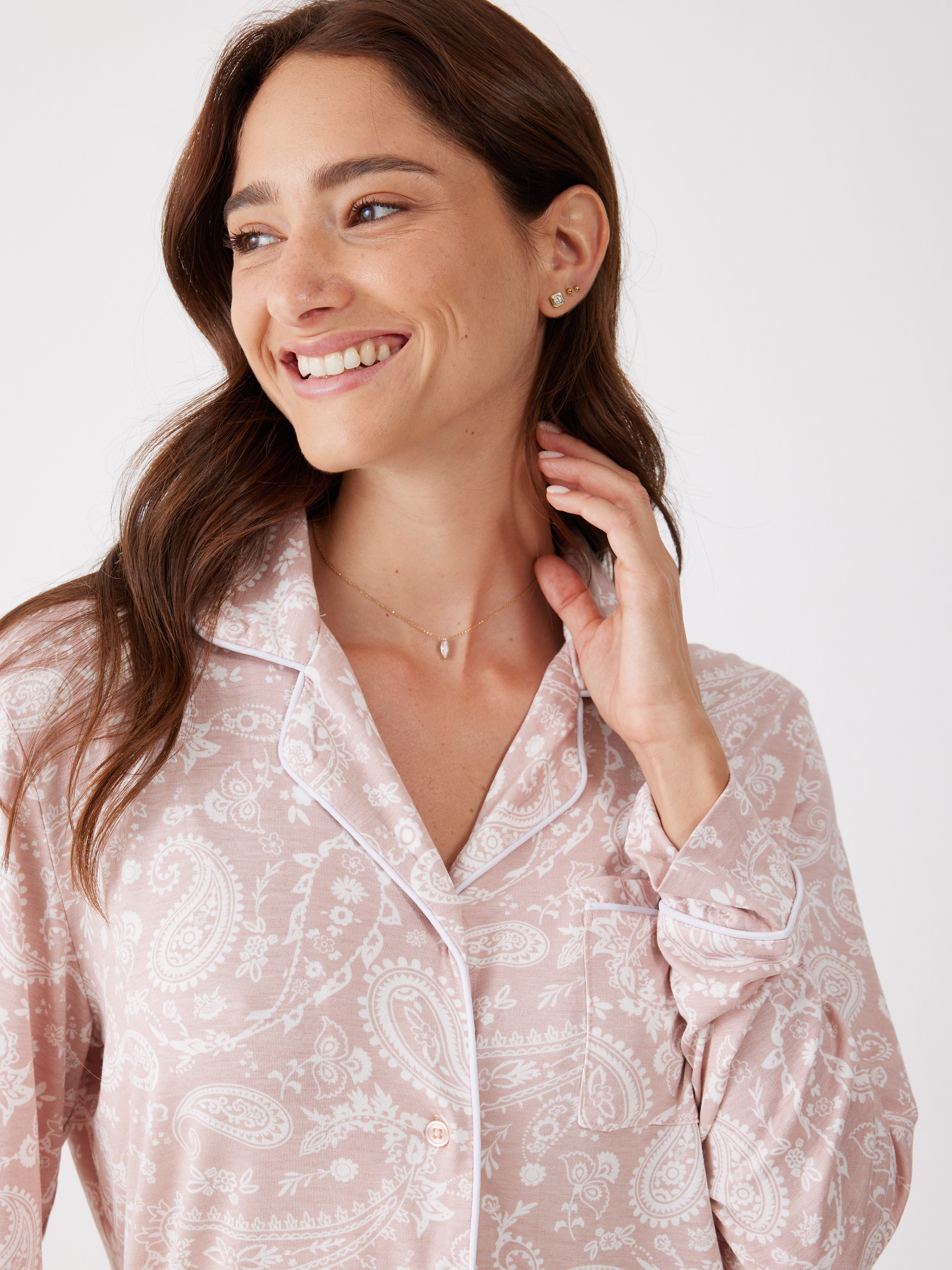 פיג'מה מכופתרת פייזלי ויסקוזה - ורוד מעושן