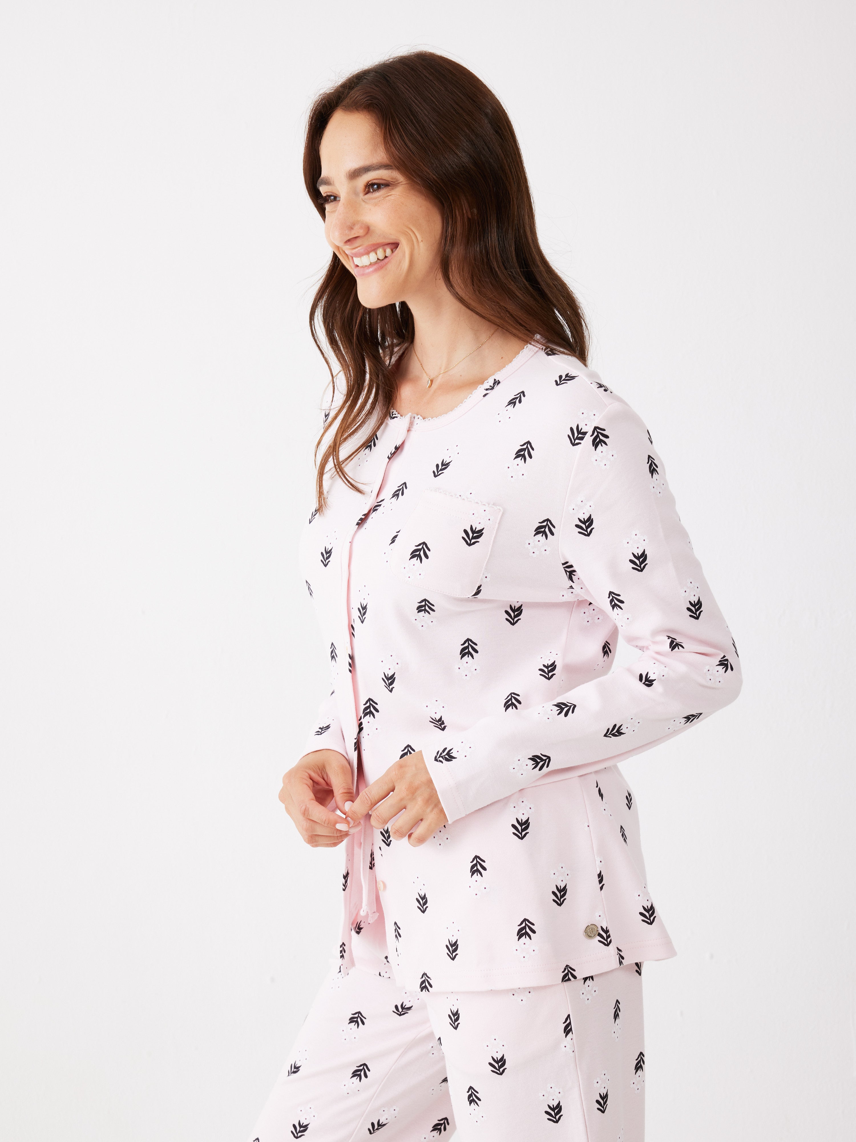 פיג׳מת כפתורים פרחים 100% כותנה - ורוד