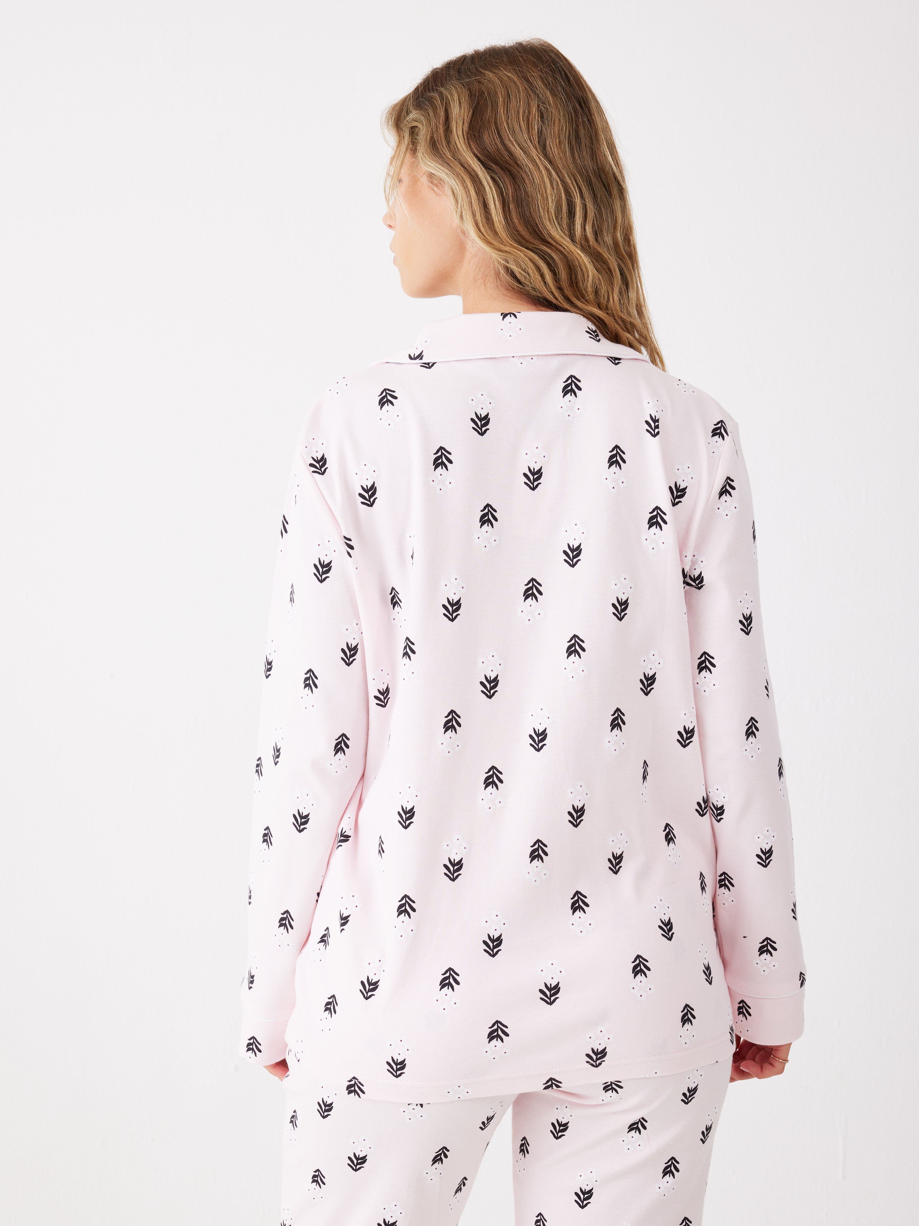 פיג'מה מכופתרת פרחים 100% כותנה - ורוד