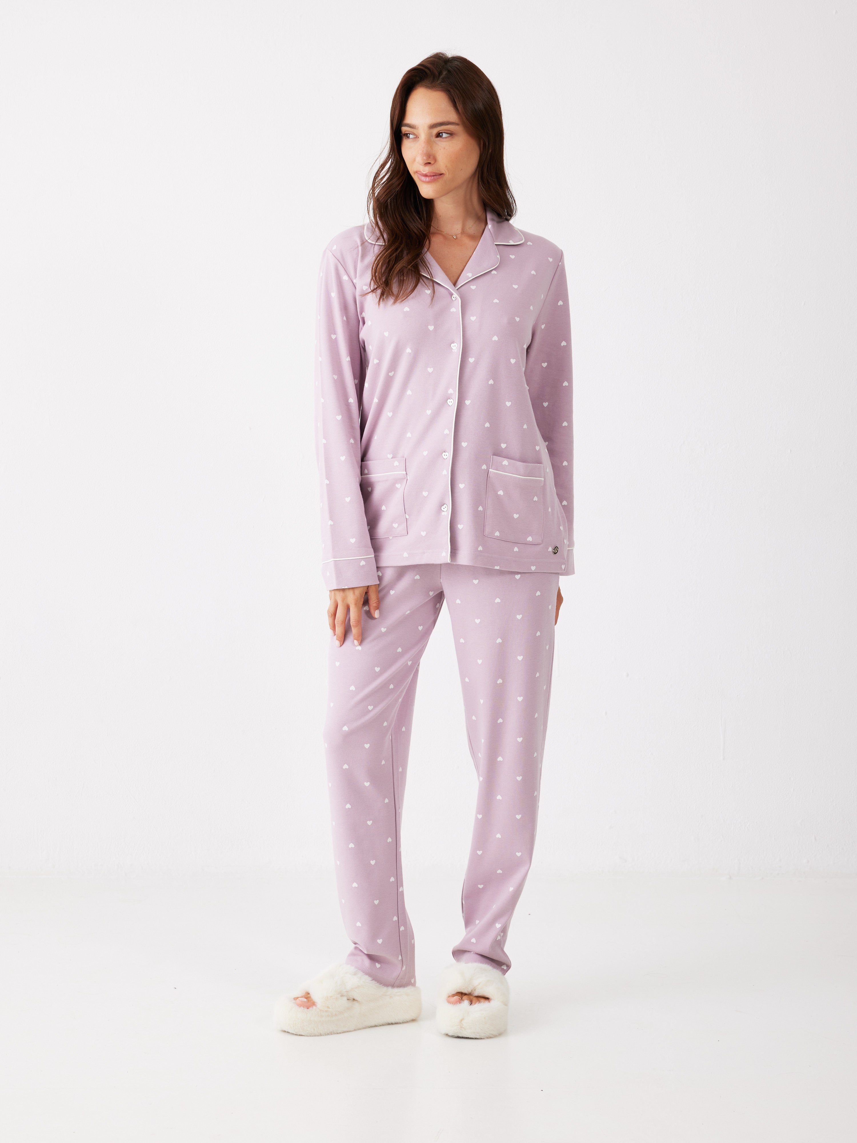 פיג'מה מכופתרת לבבות 100% כותנה