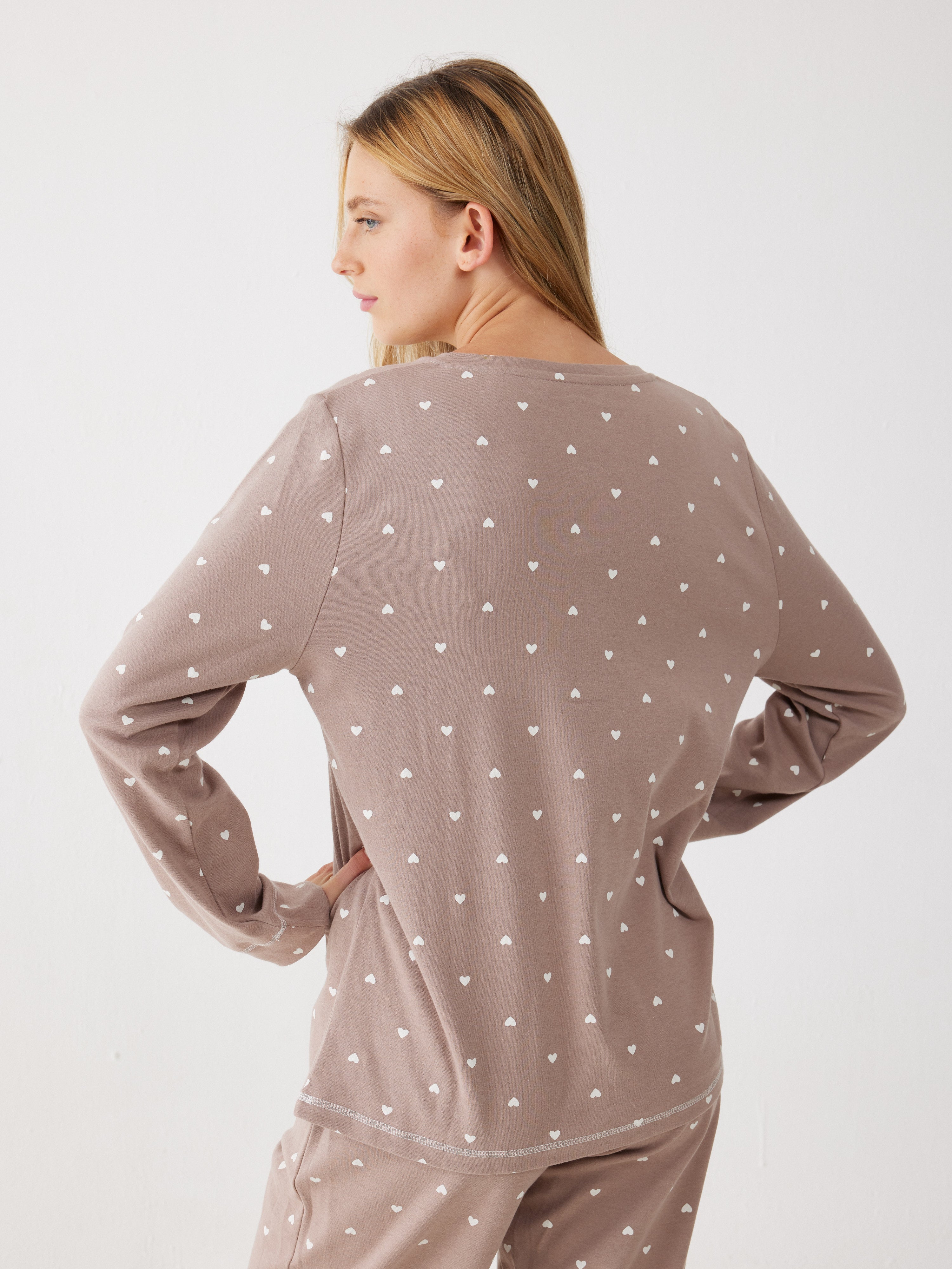 פיג'מה לבבות כותנה 100% - קפה