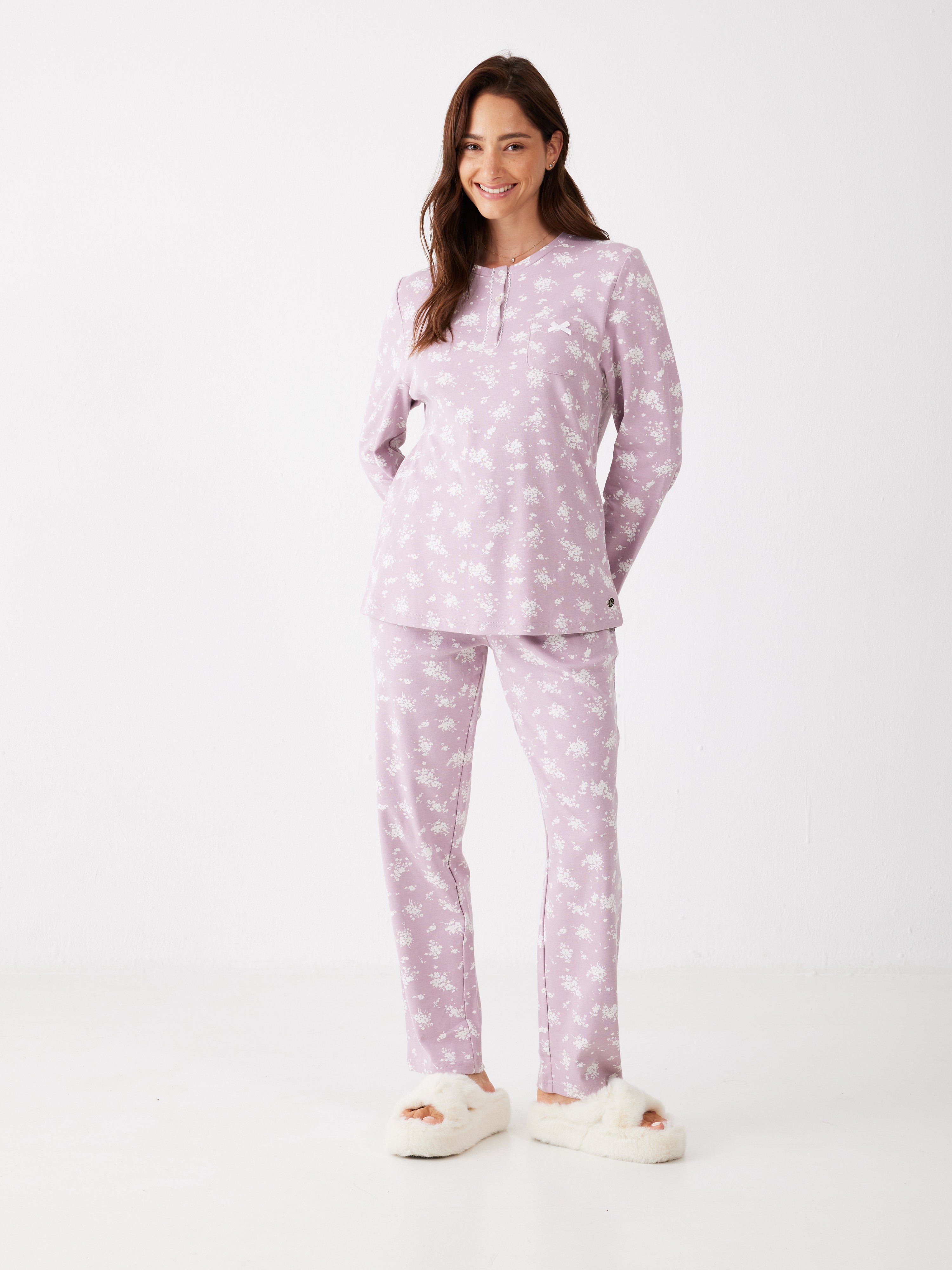 פיג'מה פרחים אינטרלוק - סגול מעושן