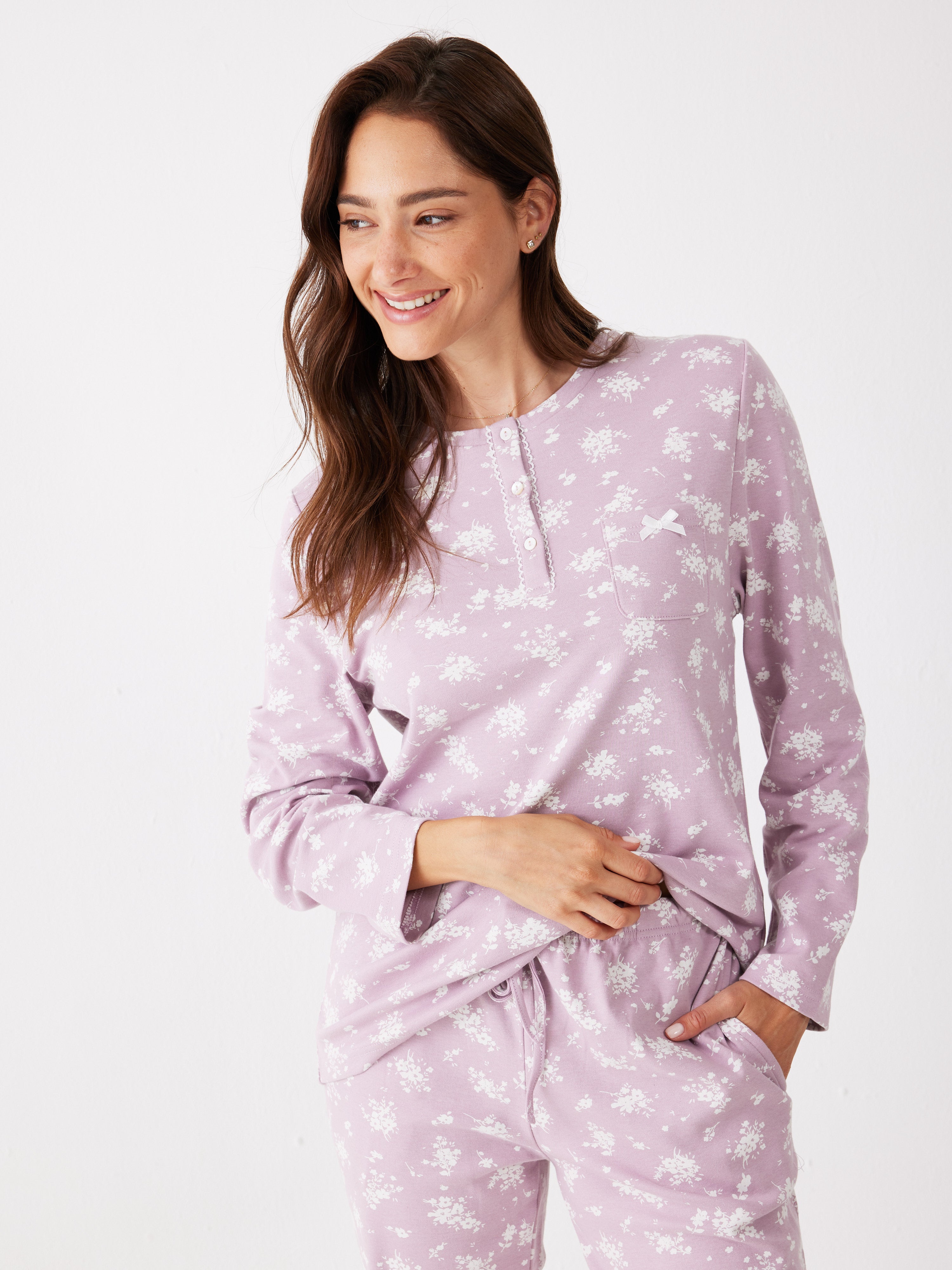 פיג'מה פרחים אינטרלוק - סגול מעושן