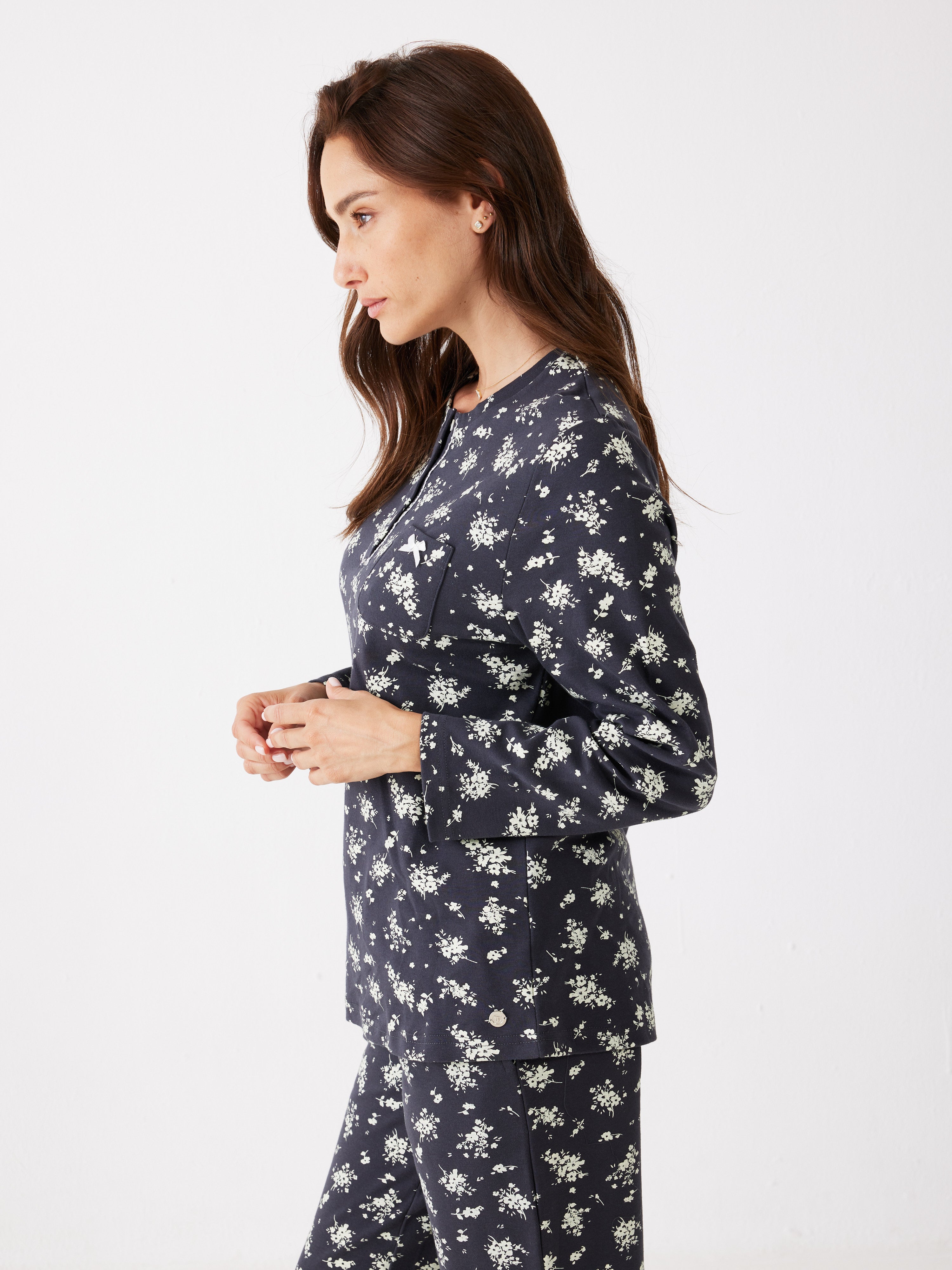 פיג'מה פרחים אינטרלוק - אפור כהה