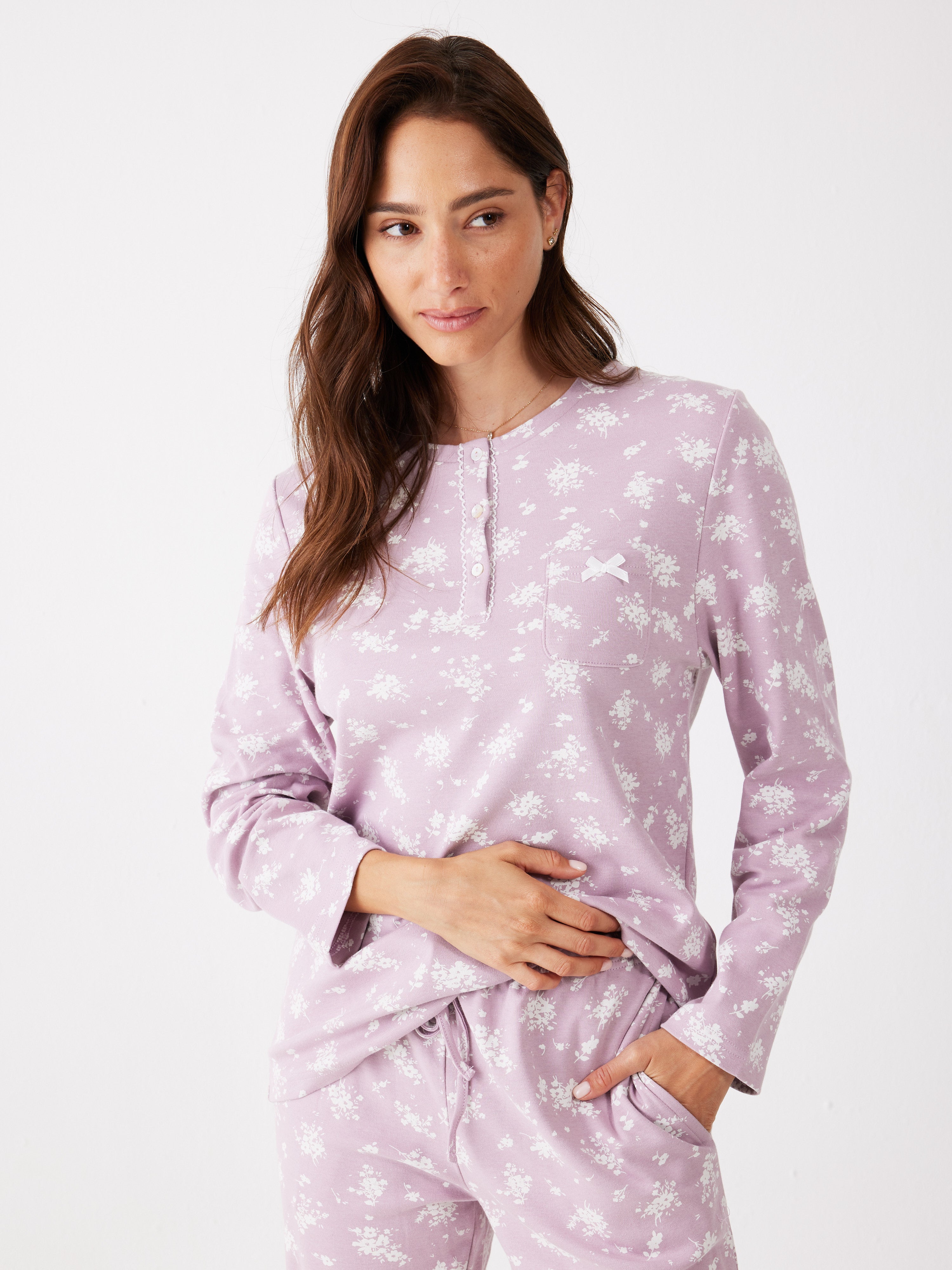 פיג'מה פרחים 100% כותנה - סגול מעושן