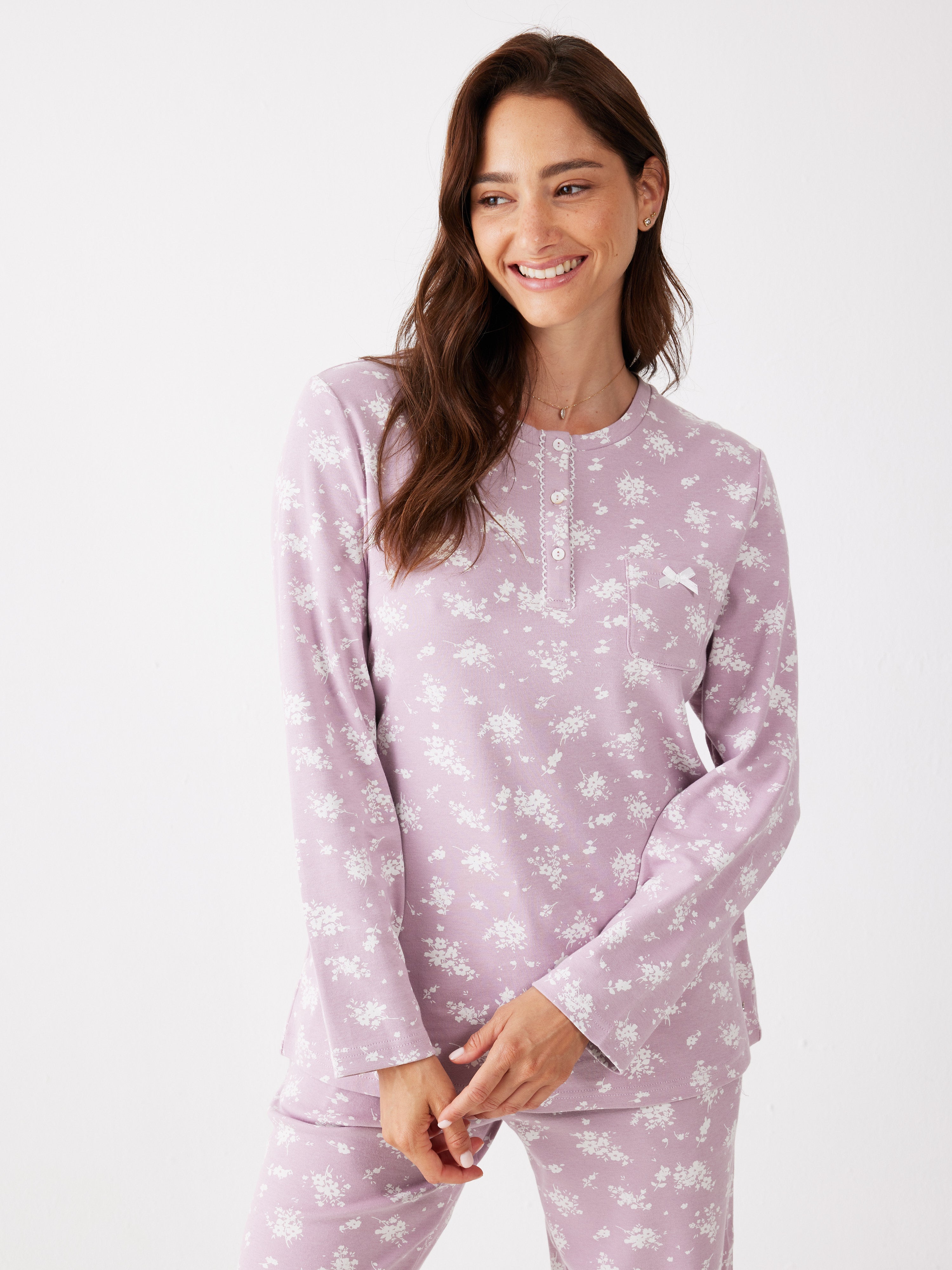 פיג'מה פרחים 100% כותנה - סגול מעושן