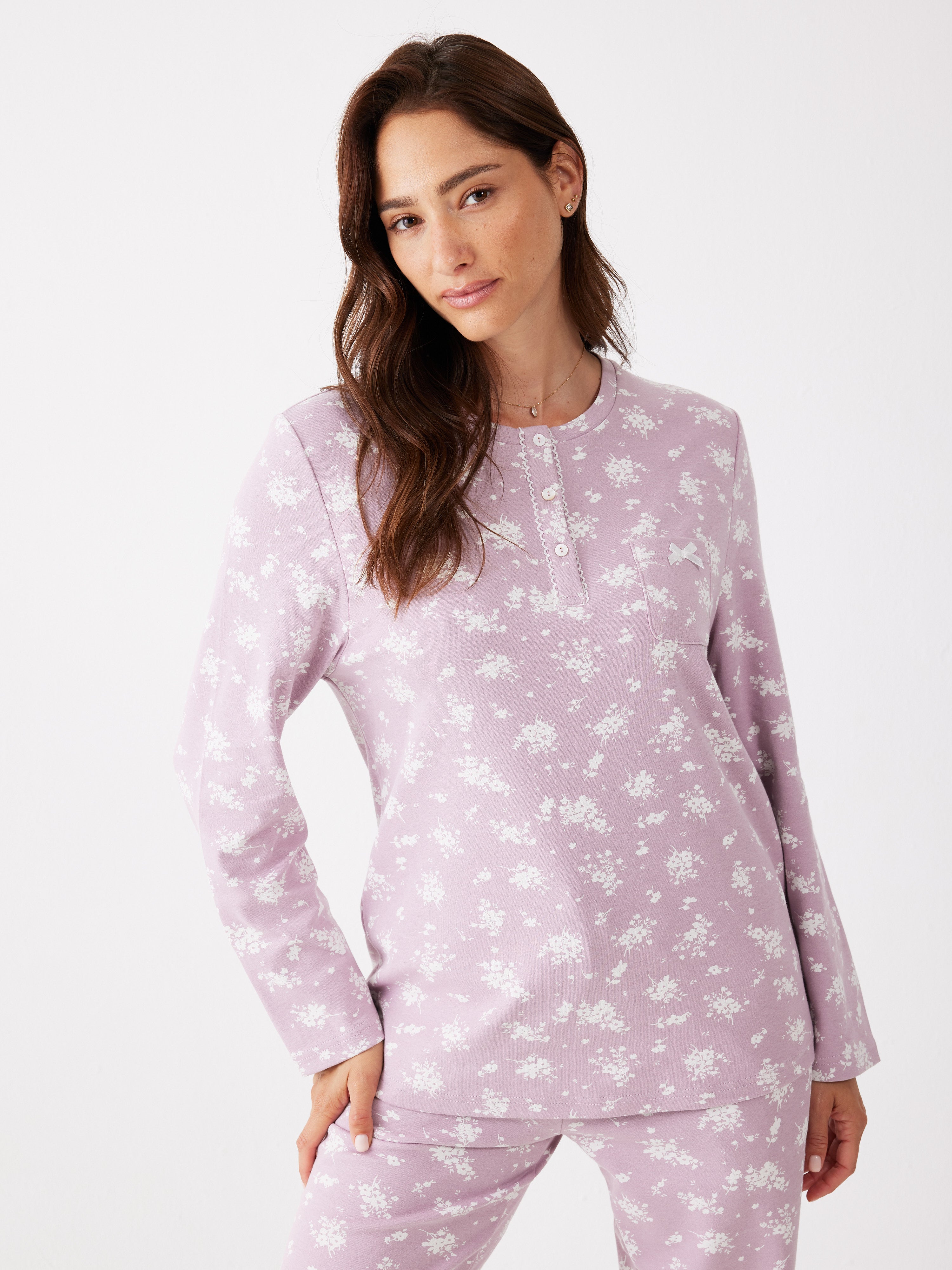 פיג'מה פרחים 100% כותנה - סגול מעושן