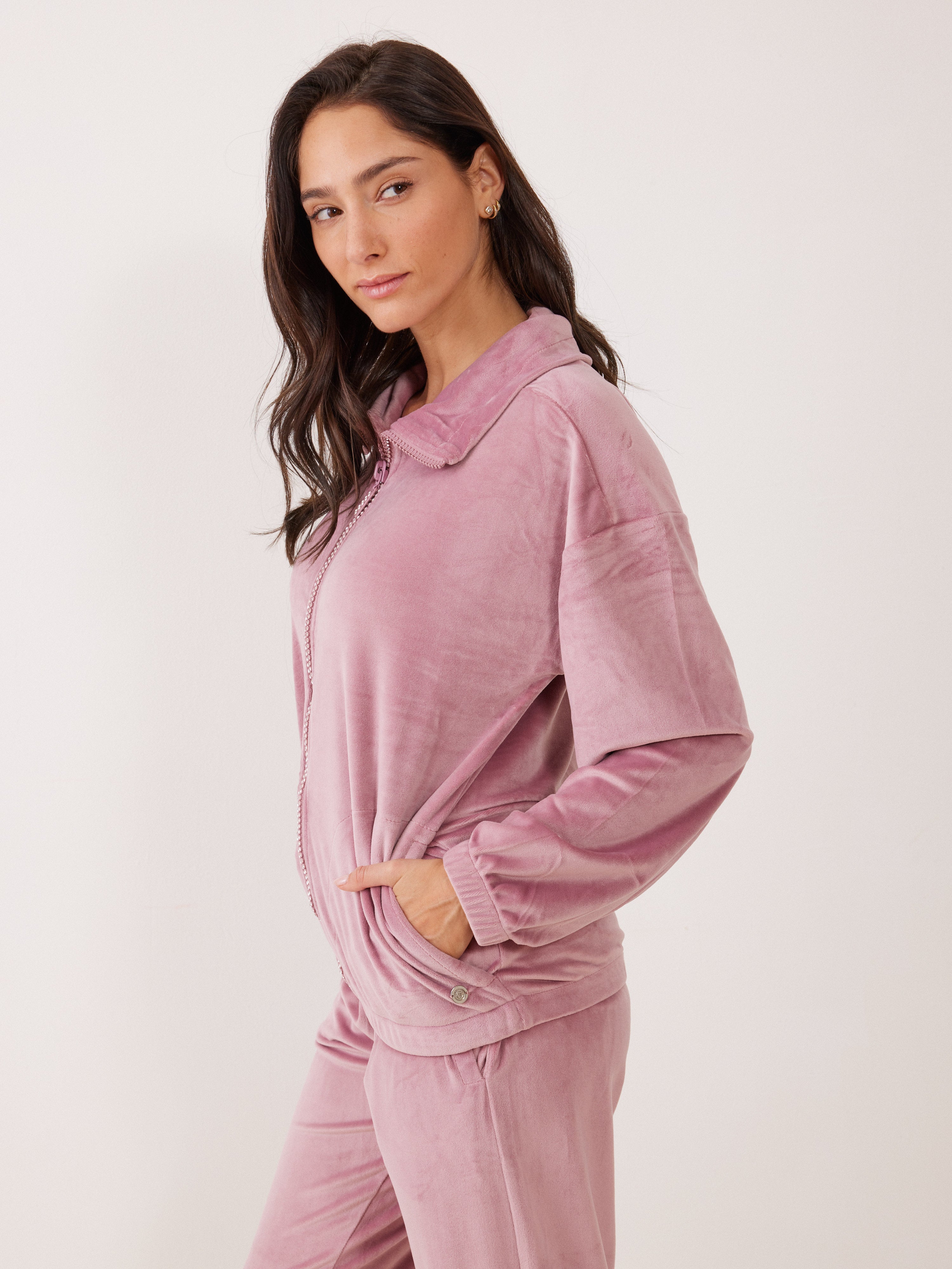 חליפת רוכסן יהלומים קטיפה -ורוד