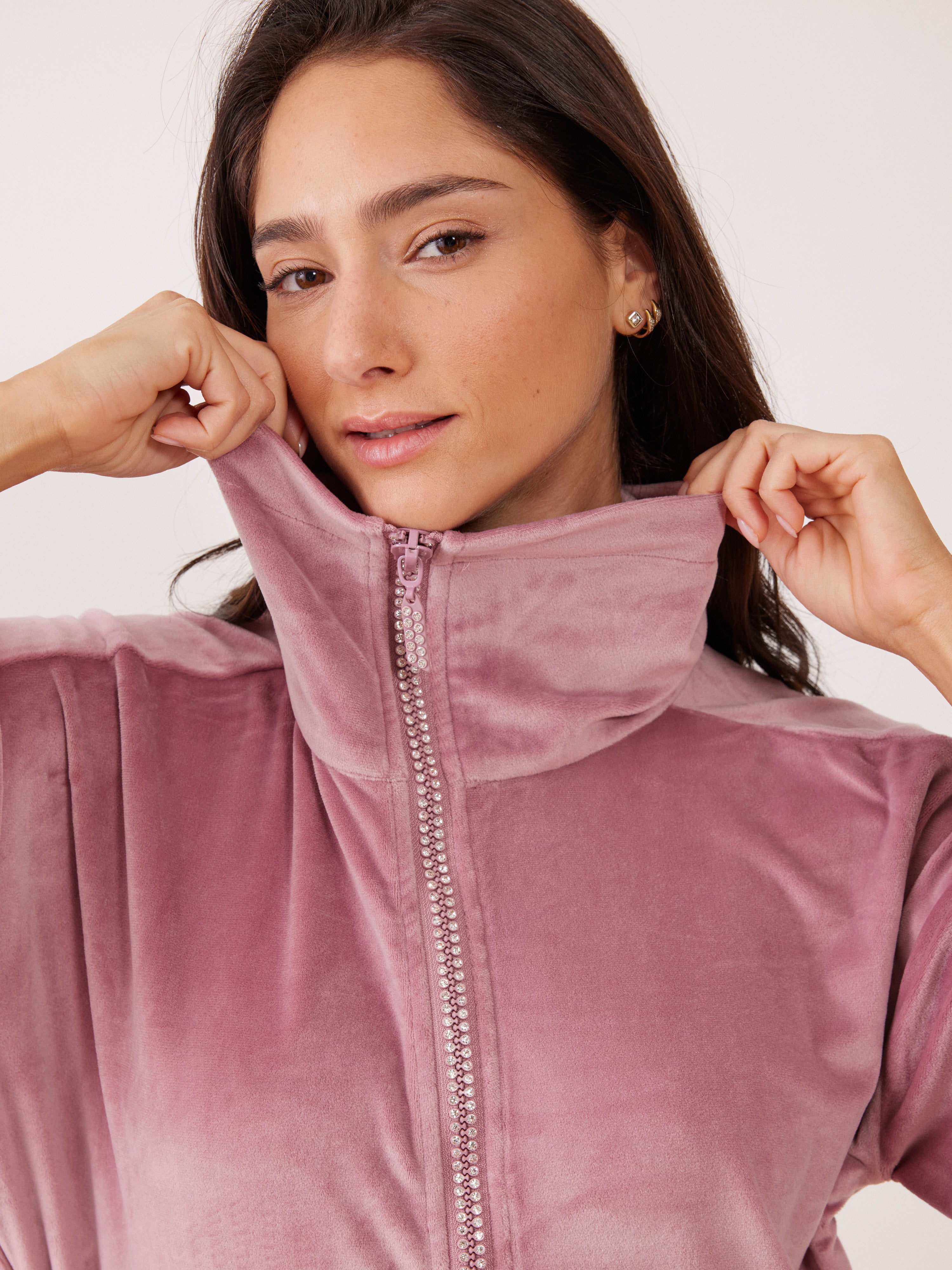 חליפת רוכסן יהלומים קטיפה -ורוד