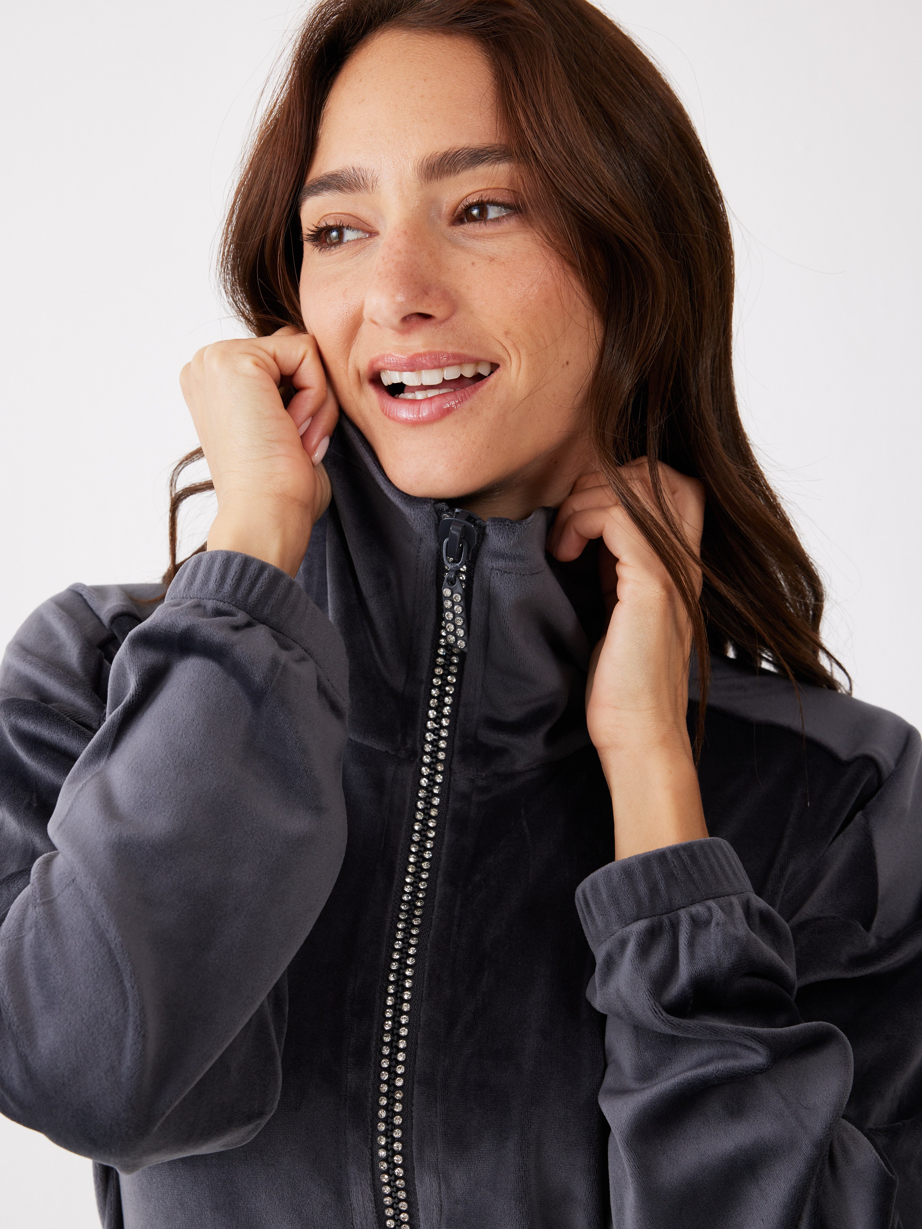 חליפת רוכסן יהלומים קטיפה - אפור כהה