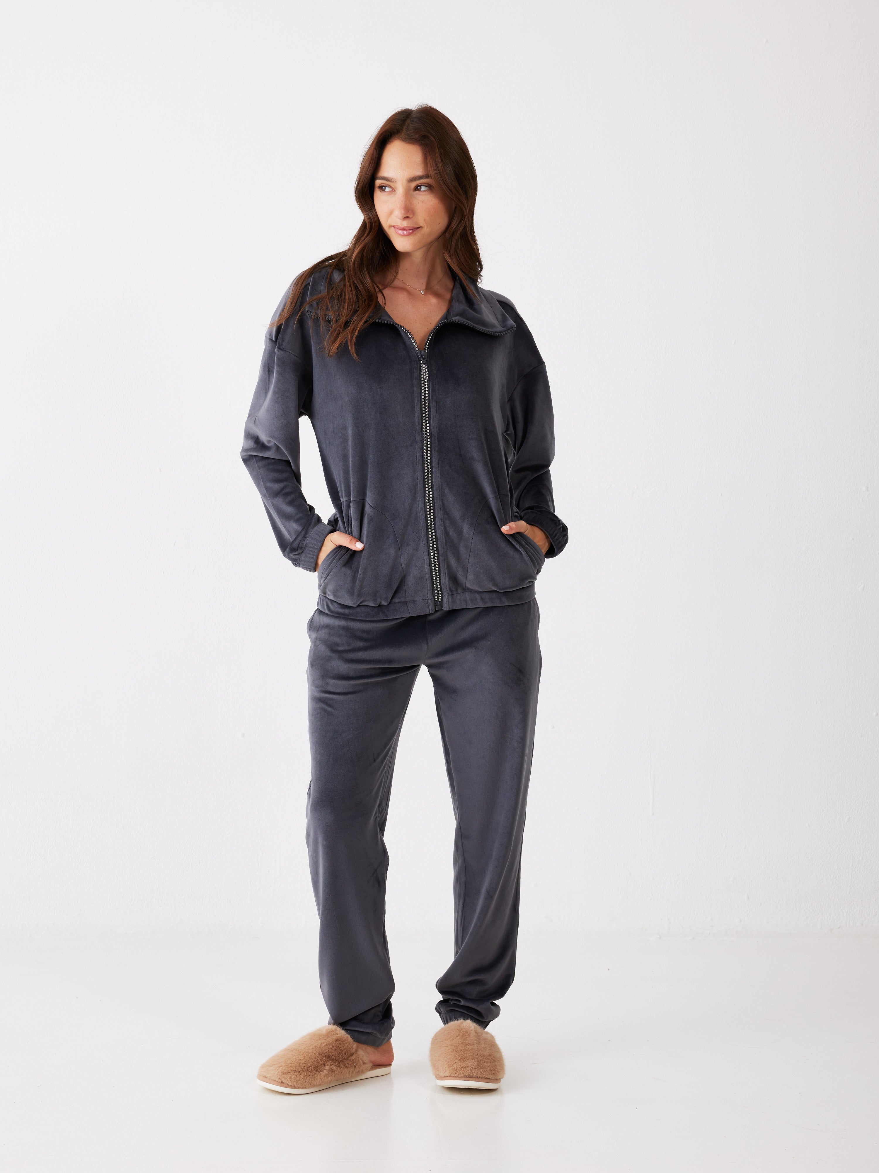 חליפת רוכסן יהלומים קטיפה - אפור כהה