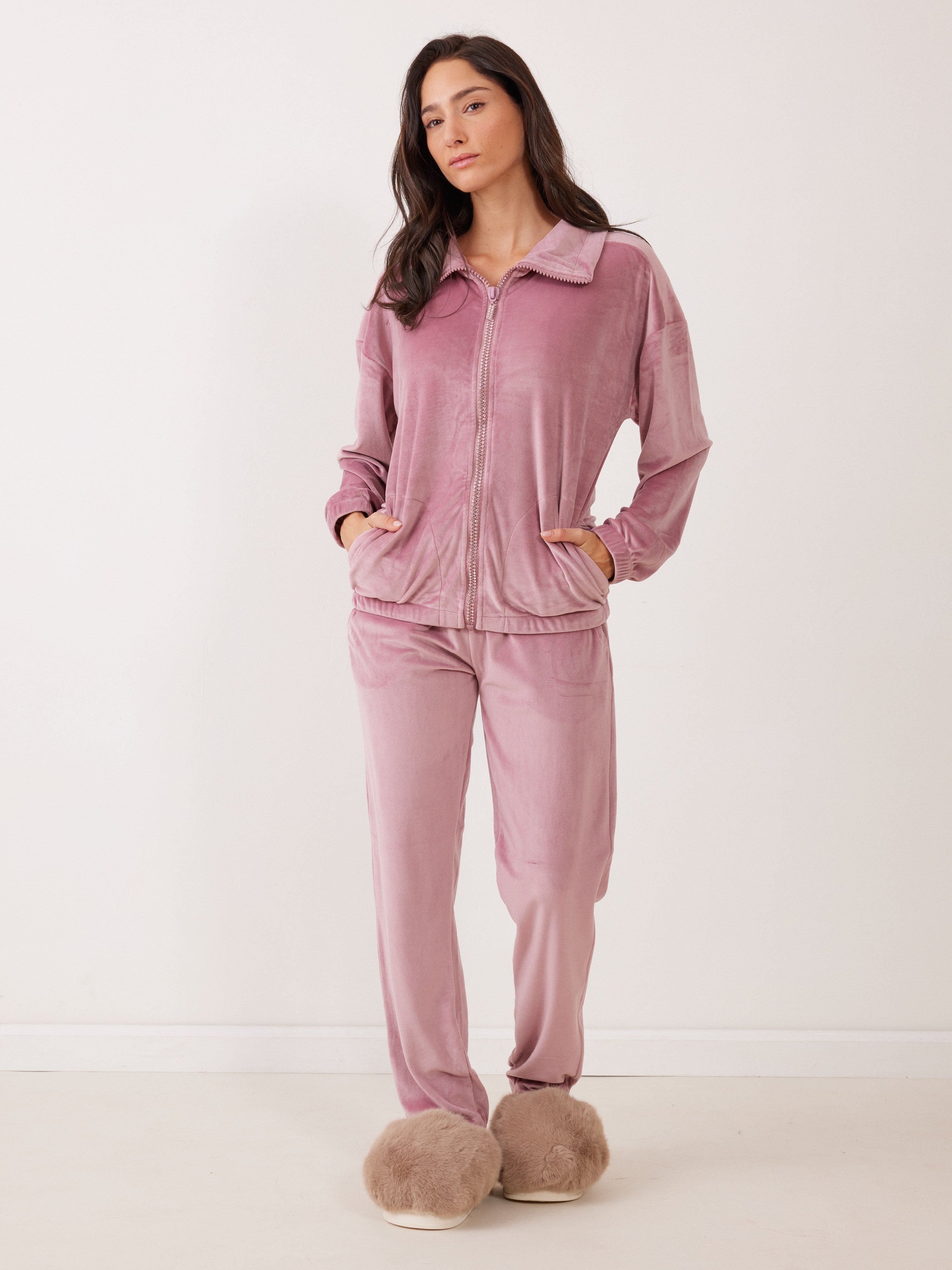 חליפת רוכסן יהלומים קטיפה -ורוד