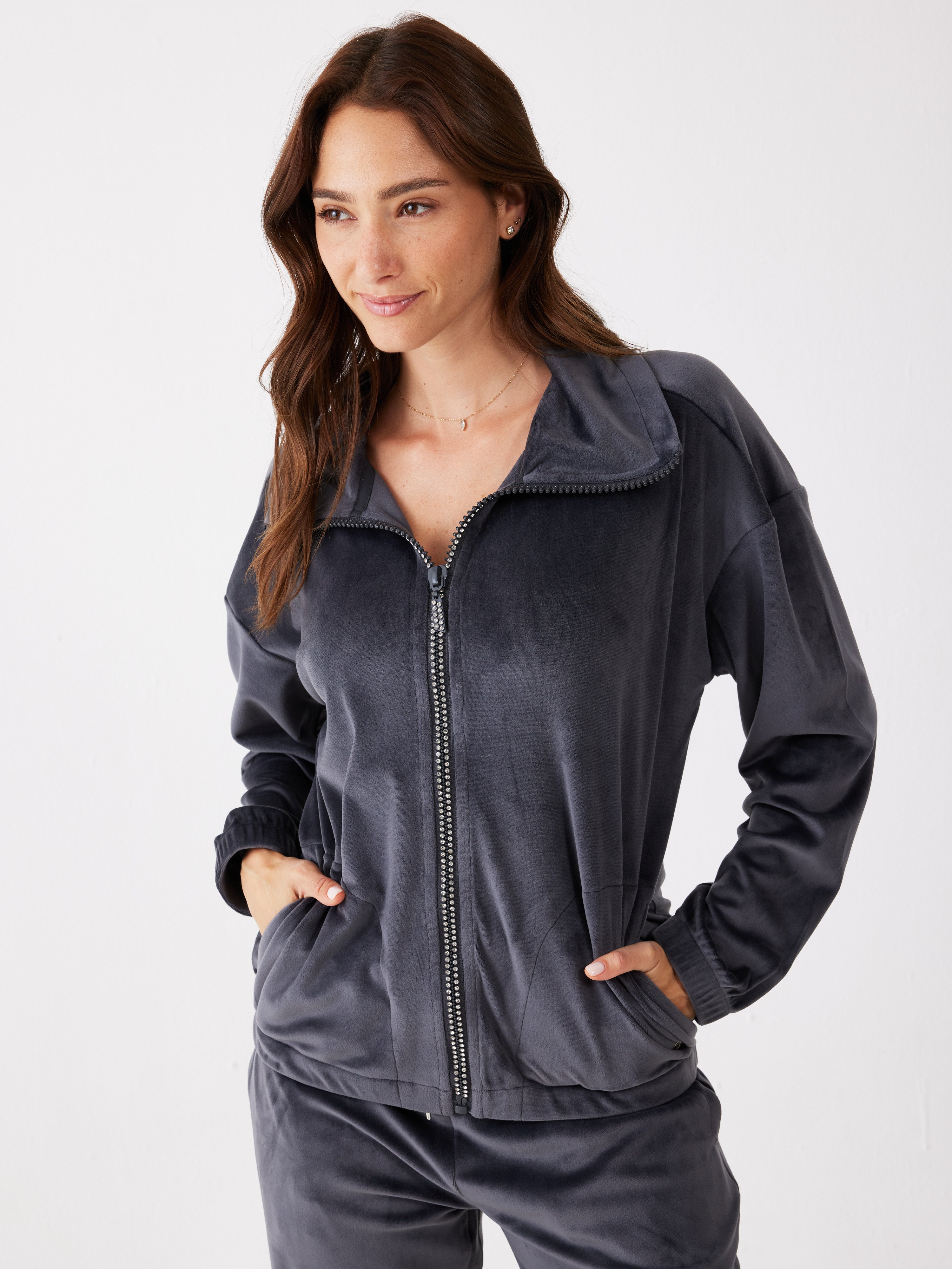 חליפת רוכסן יהלומים קטיפה - אפור כהה