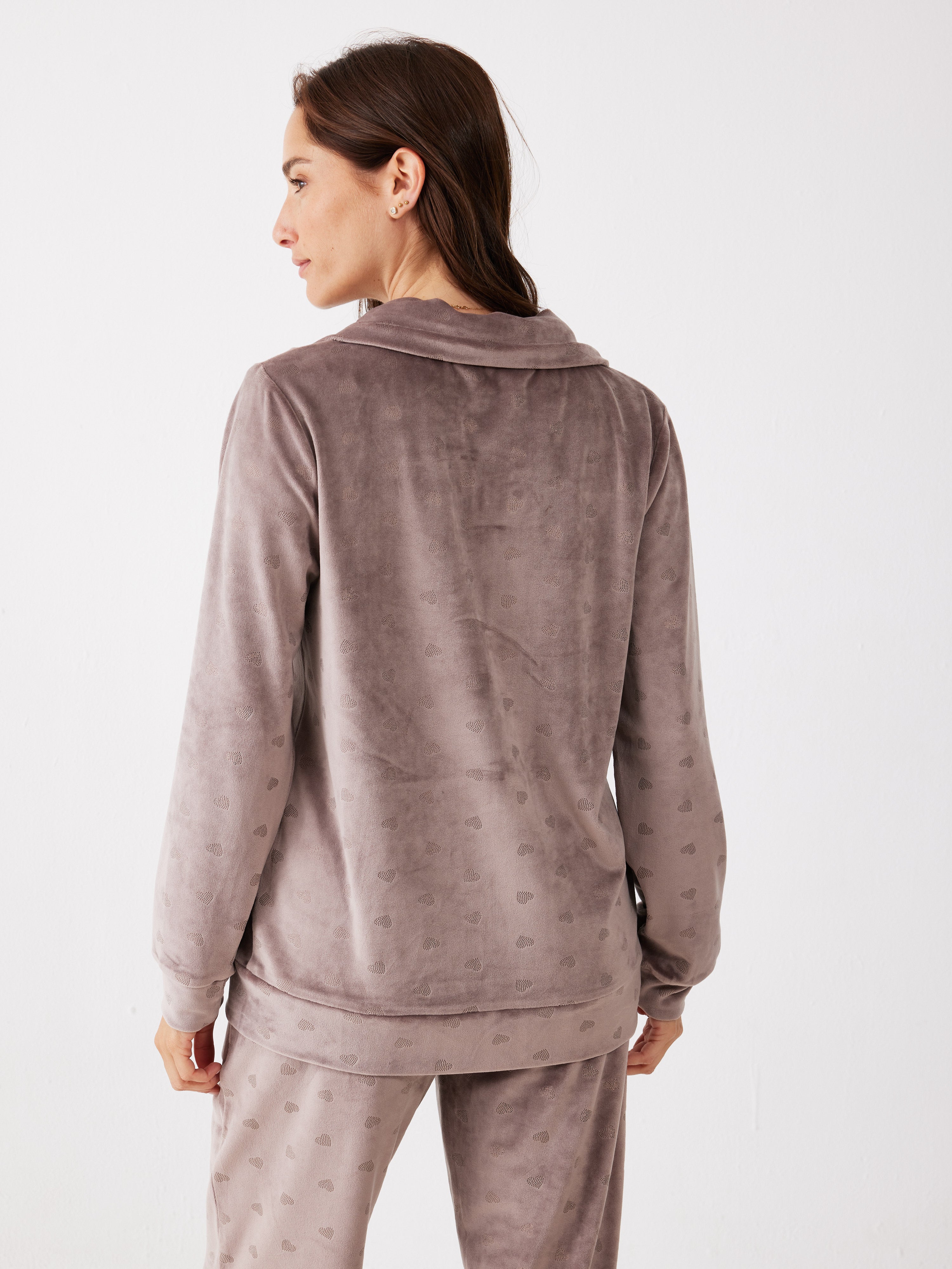 חליפת רוכסן לבבות קטיפה - קפה