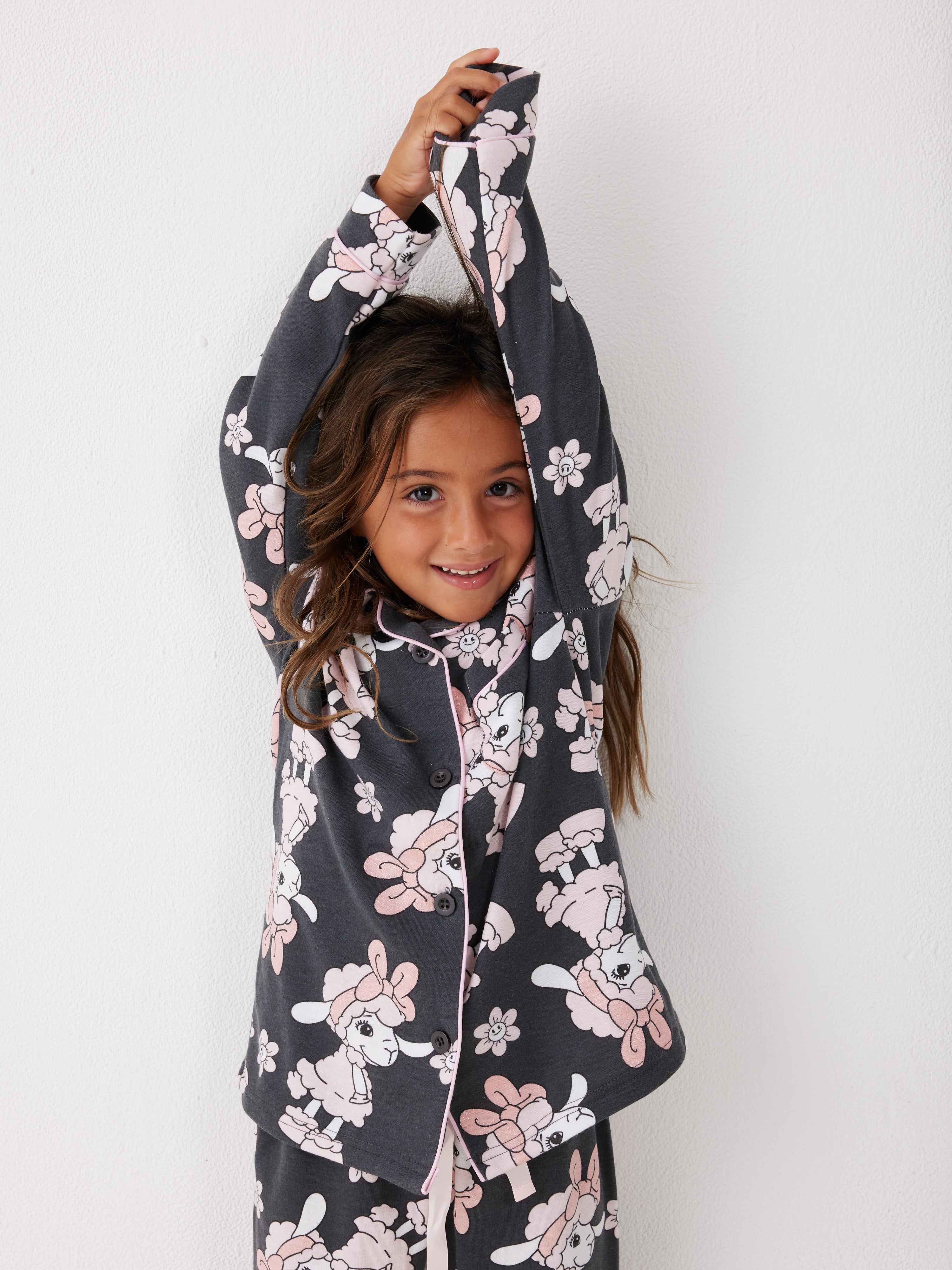 פיג'מה ילדות פיפה מכופתרת - אפור כהה