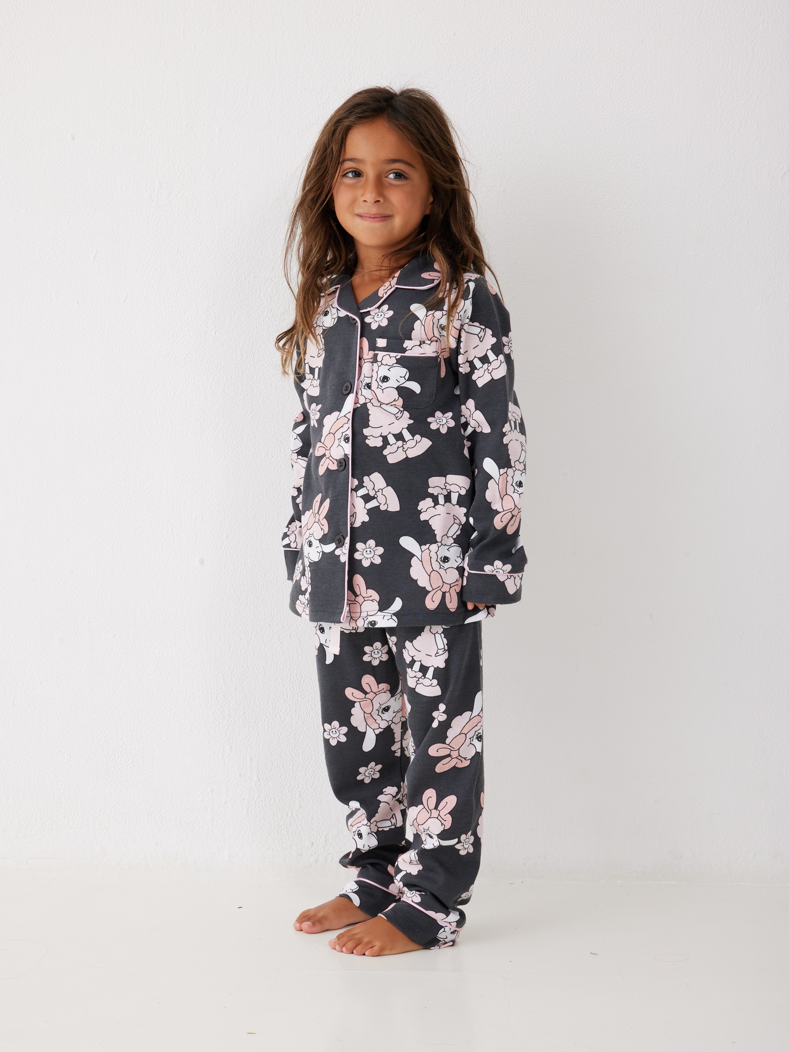פיג'מה ילדות פיפה מכופתרת - אפור כהה