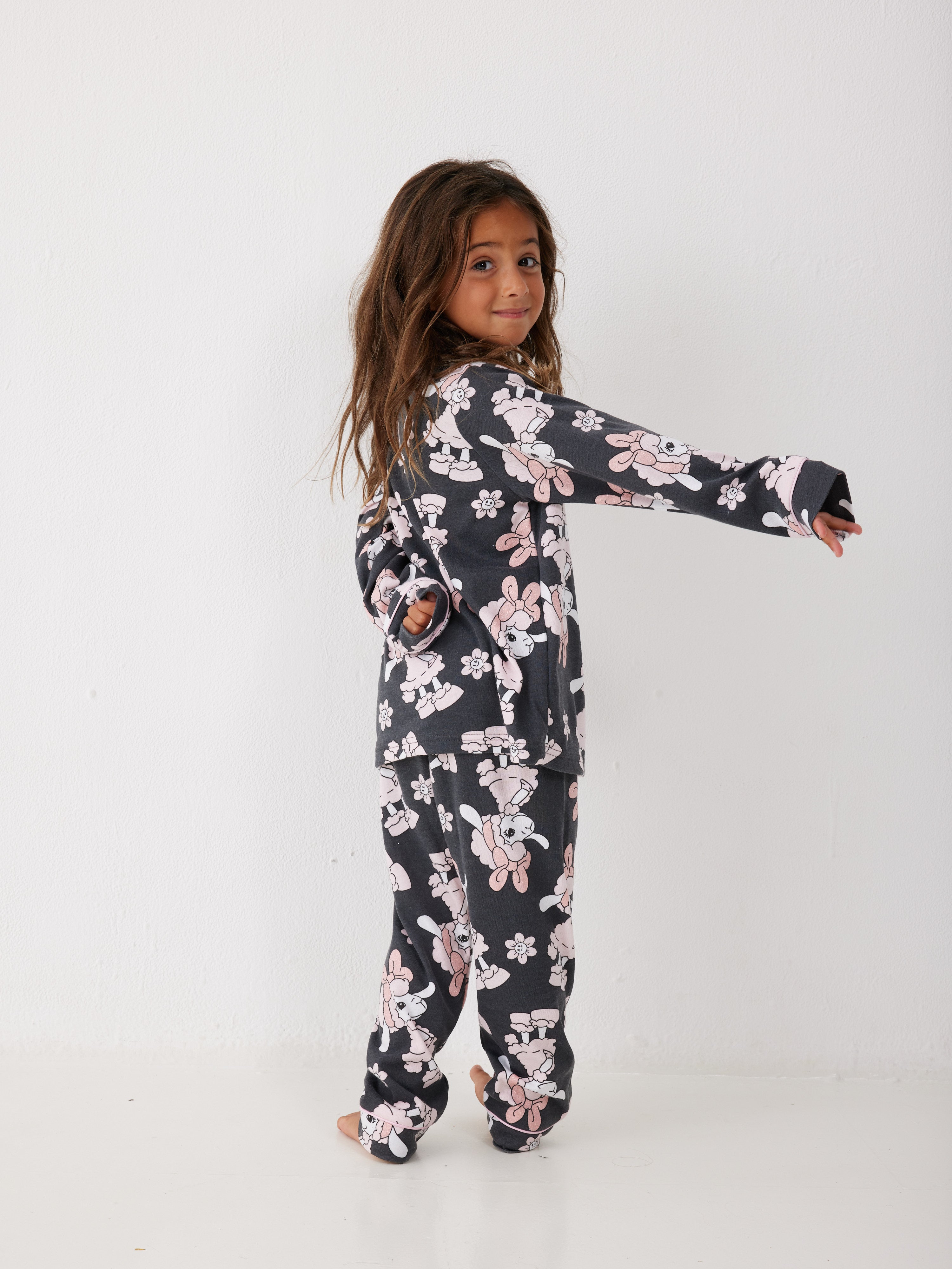 פיג'מה ילדות פיפה מכופתרת - אפור כהה