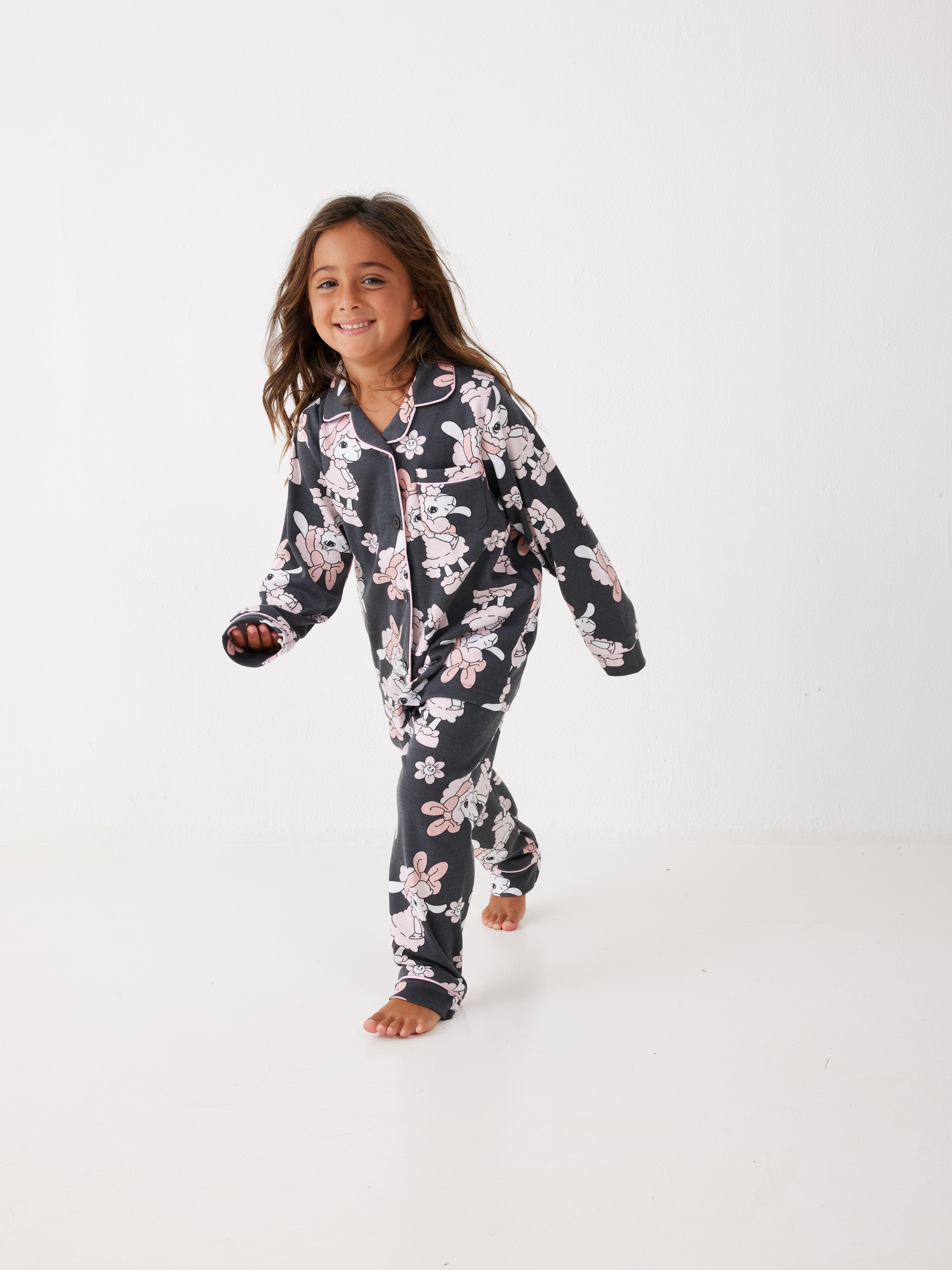 פיג'מה ילדות פיפה מכופתרת - אפור כהה
