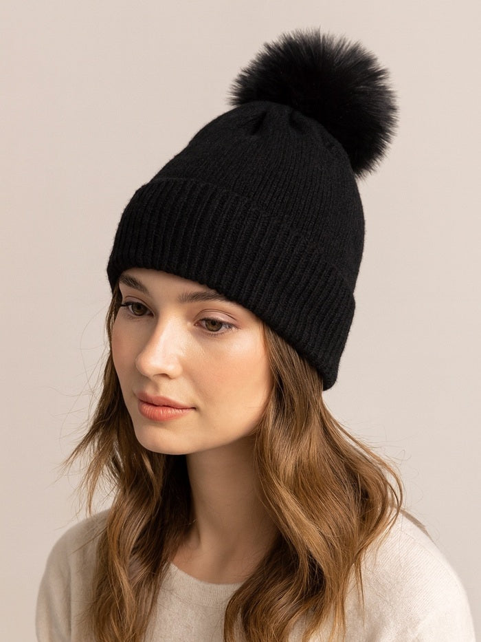 כובע צמר חלק פונפון פרווה - שחור