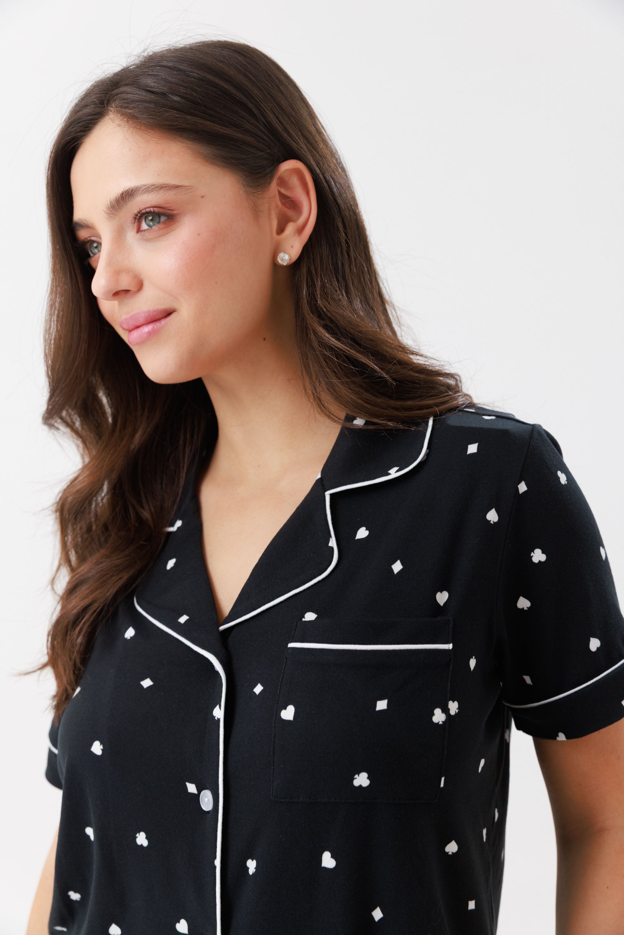 פיג'מה מכופתרת קצרה ריב צבע שחור