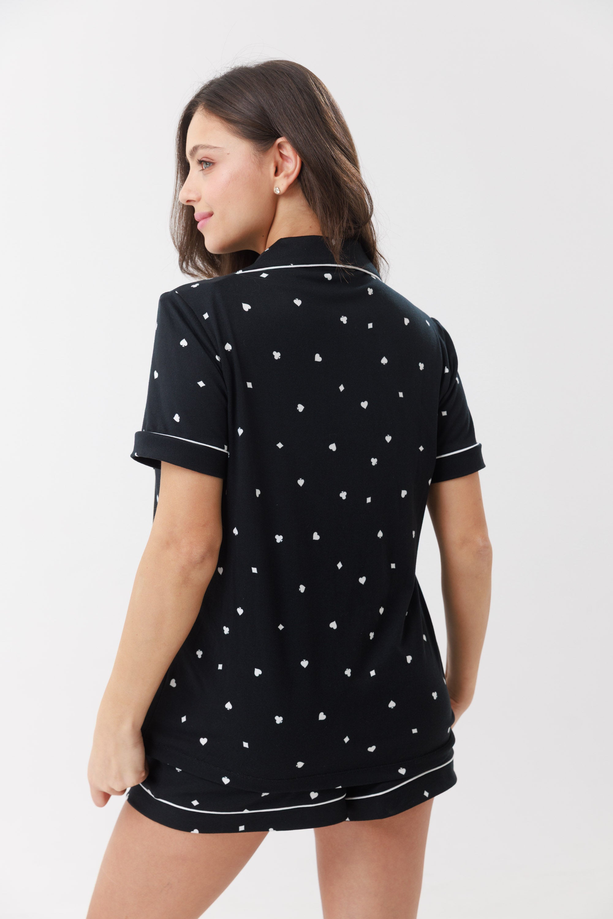 פיג'מה מכופתרת קצרה ריב צבע שחור