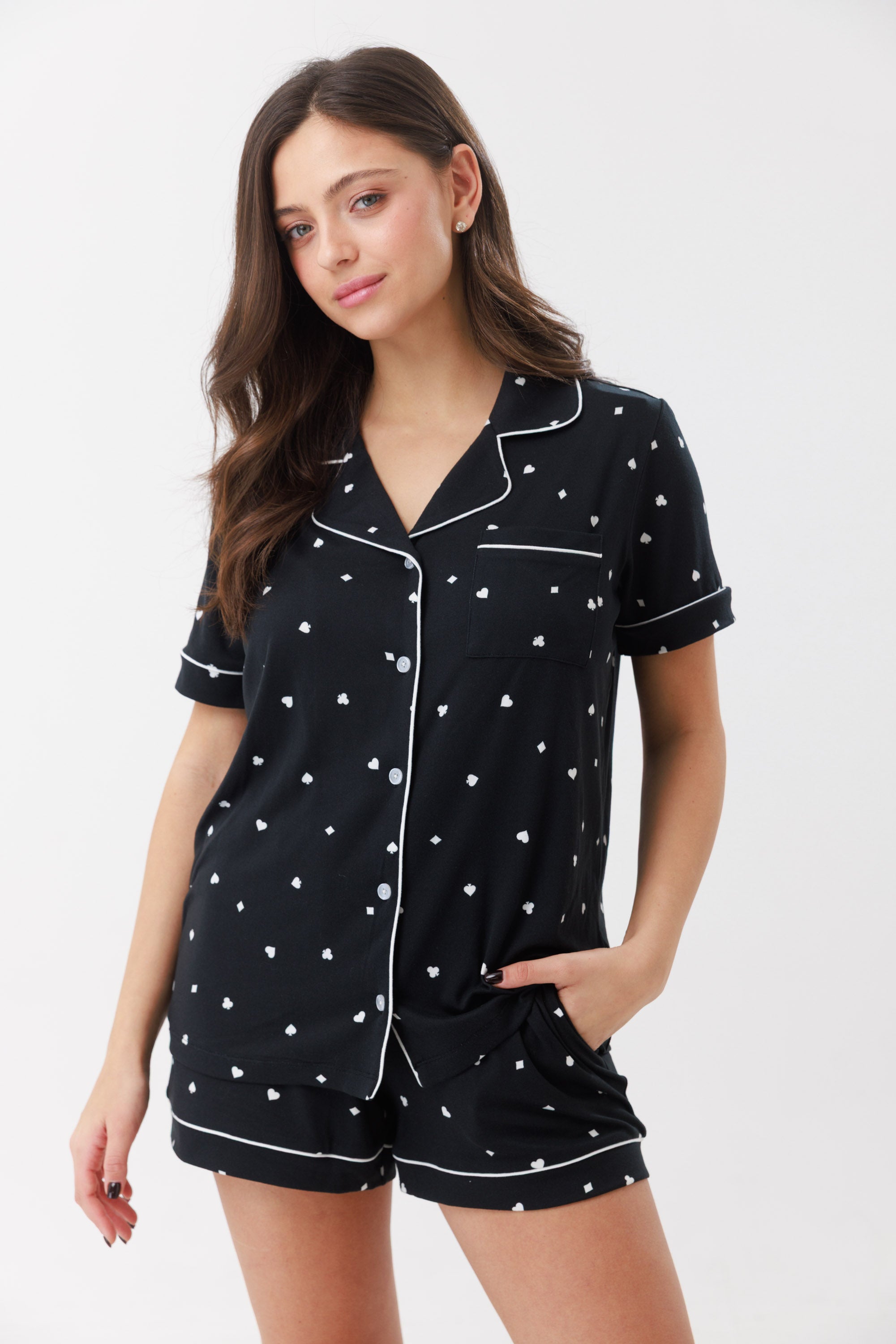 פיג'מה מכופתרת קצרה ריב צבע שחור