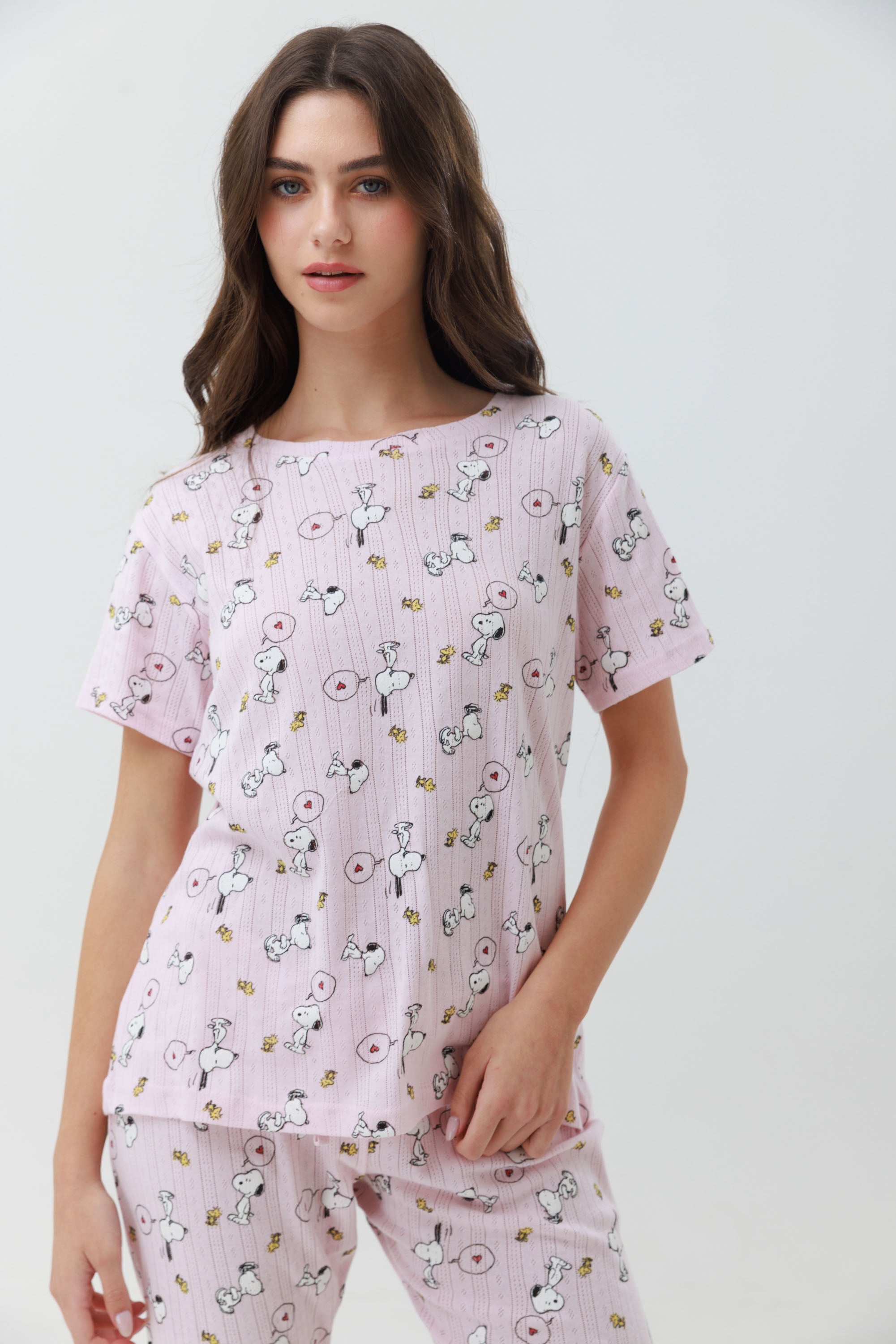 פיג'מה מכנס 3/4 סנופי כותנה - ורוד