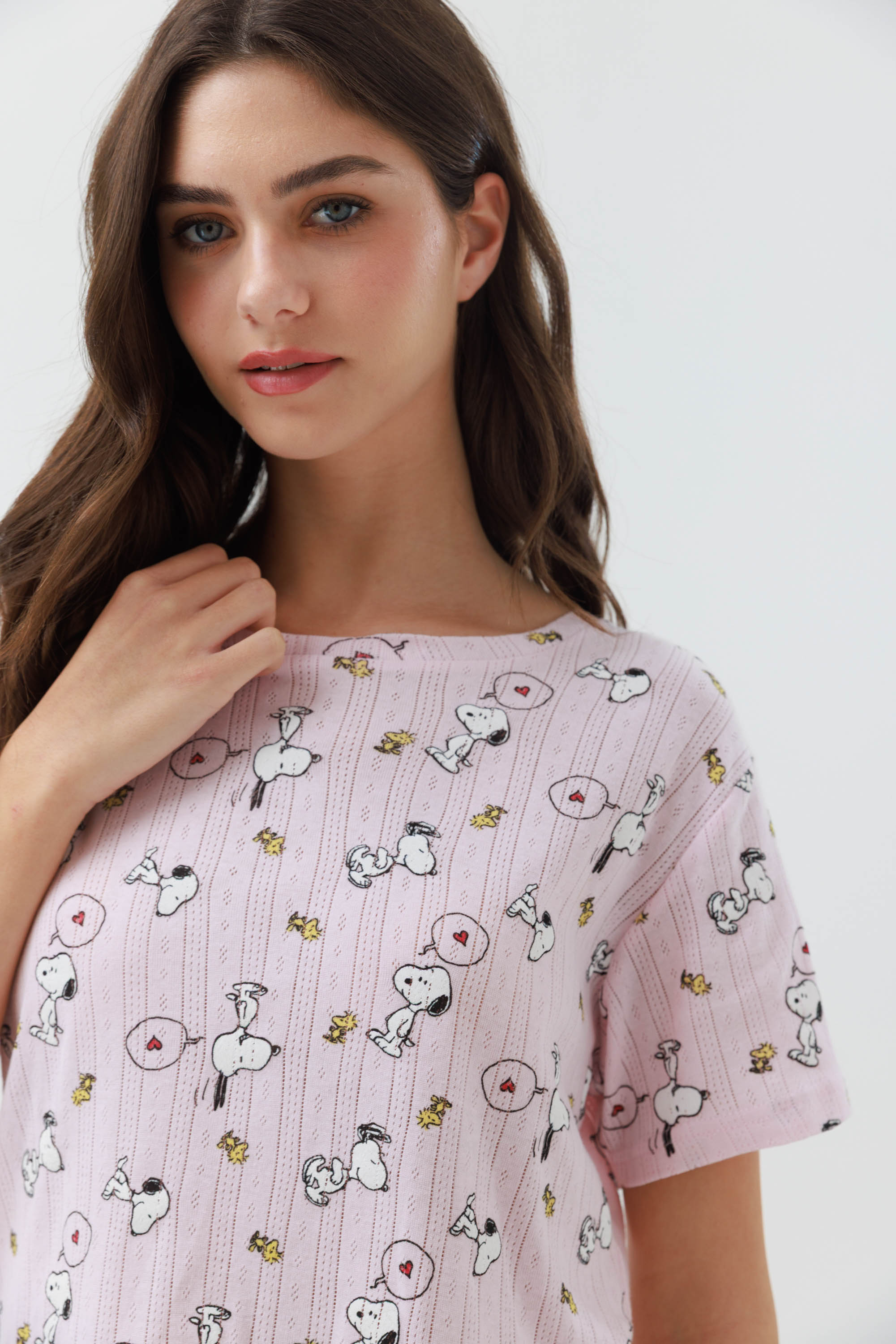 פיג'מה מכנס 3/4 סנופי כותנה - ורוד