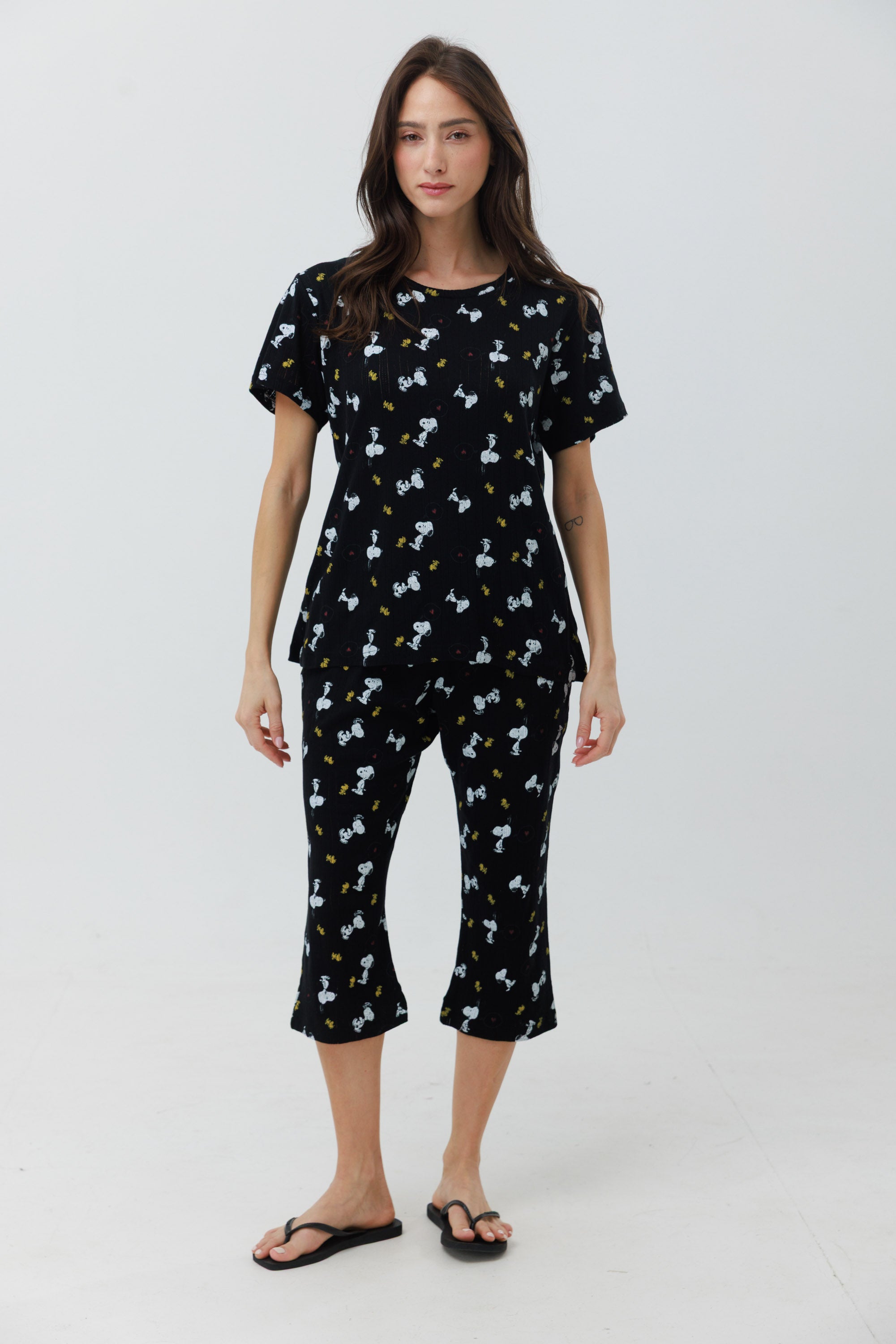 פיג'מה מכנס 3/4 סנופי כותנה - שחור