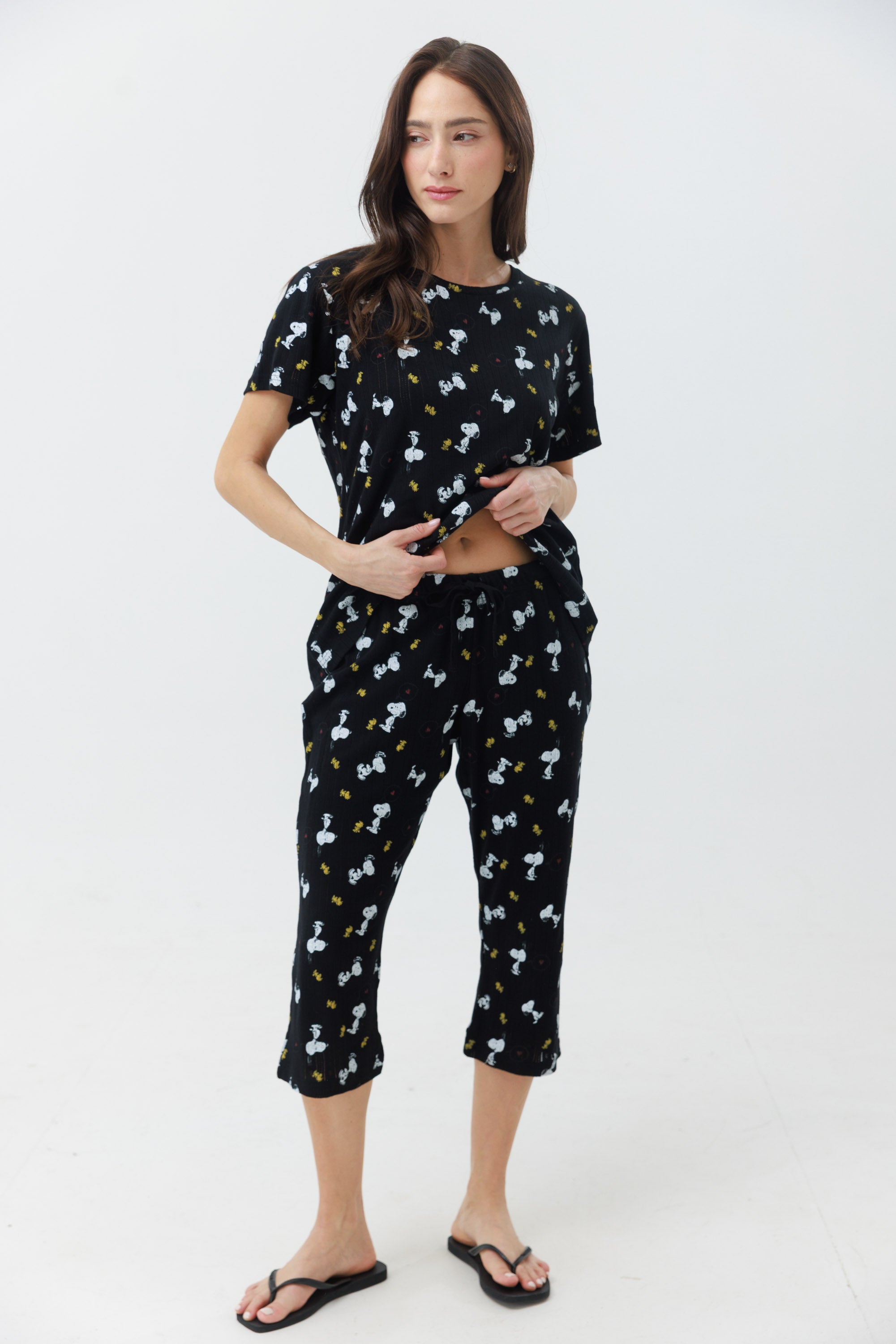 פיג'מה מכנס 3/4 סנופי כותנה - שחור