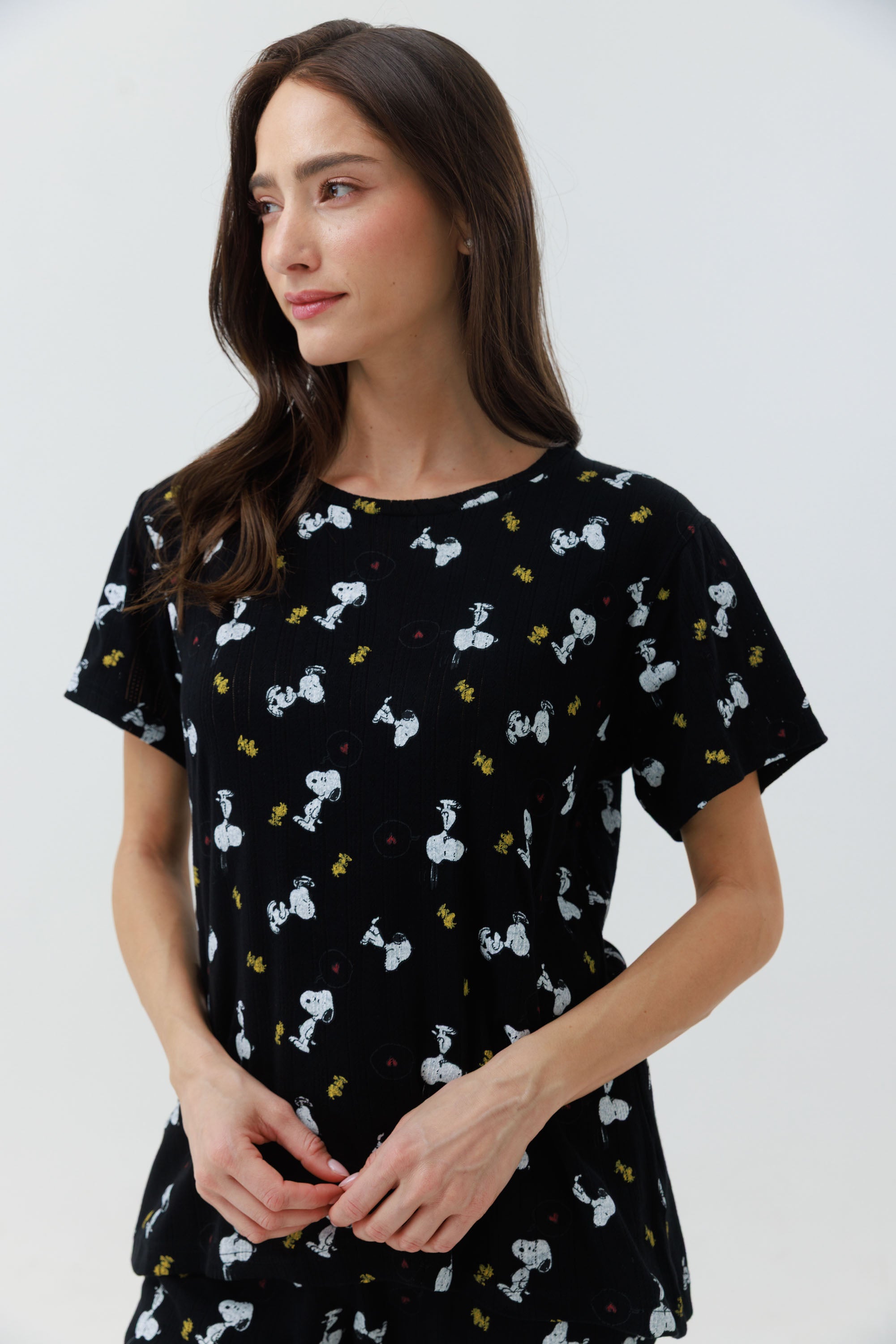 פיג'מה מכנס 3/4 סנופי כותנה - שחור