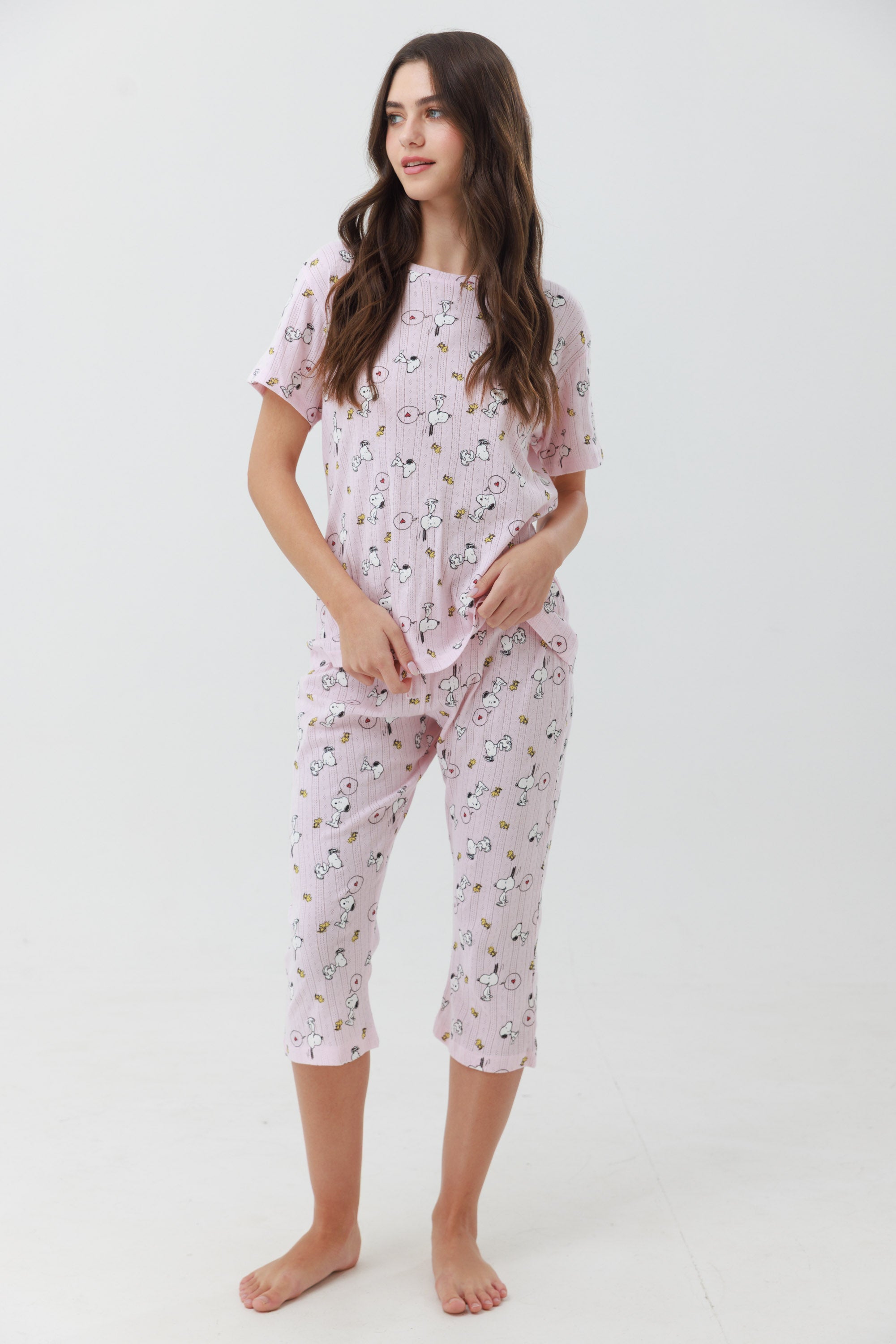 פיג'מה מכנס 3/4 סנופי כותנה - ורוד