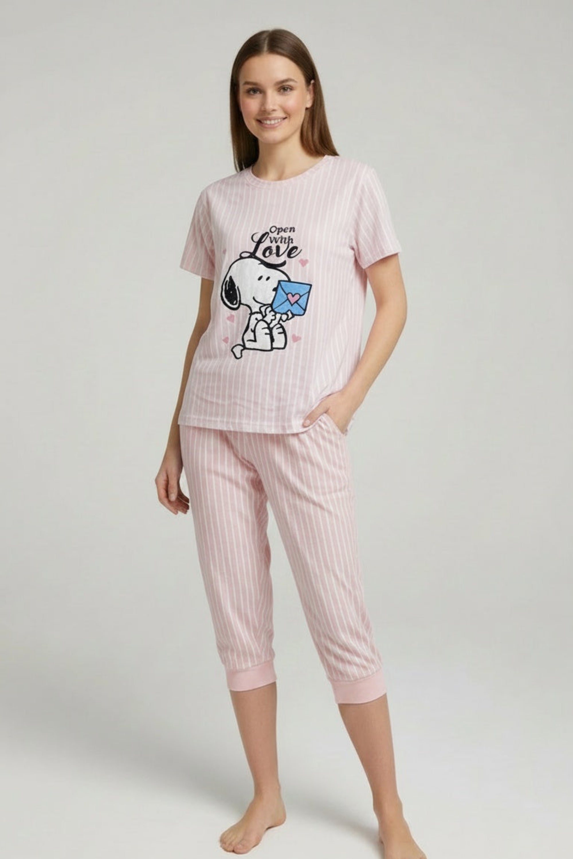 פיג'מה מכנס 3/4 סנופי כותנה - ורוד