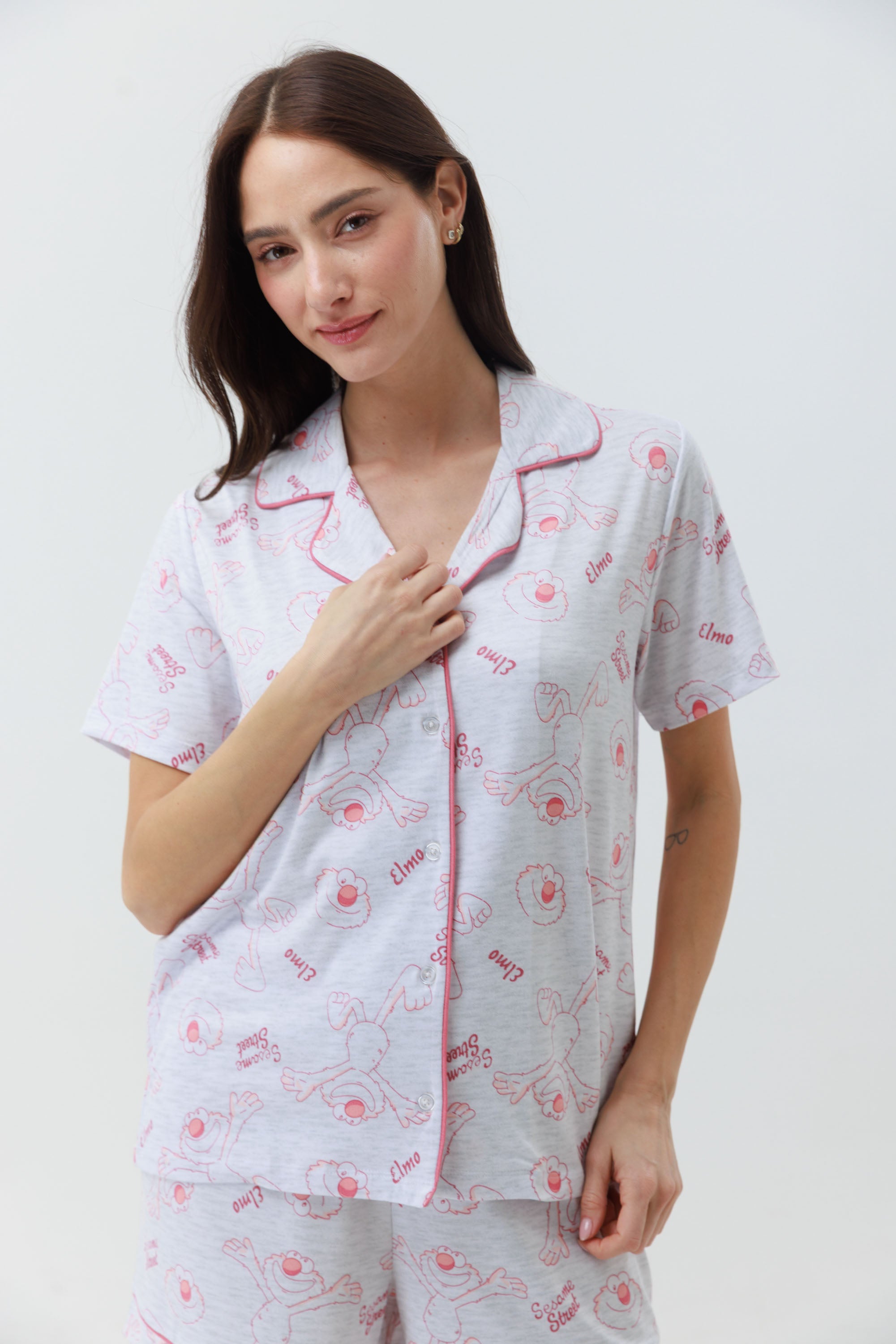 פיג'מה מכופתרת קצרה יאמי -אפור מלאנז