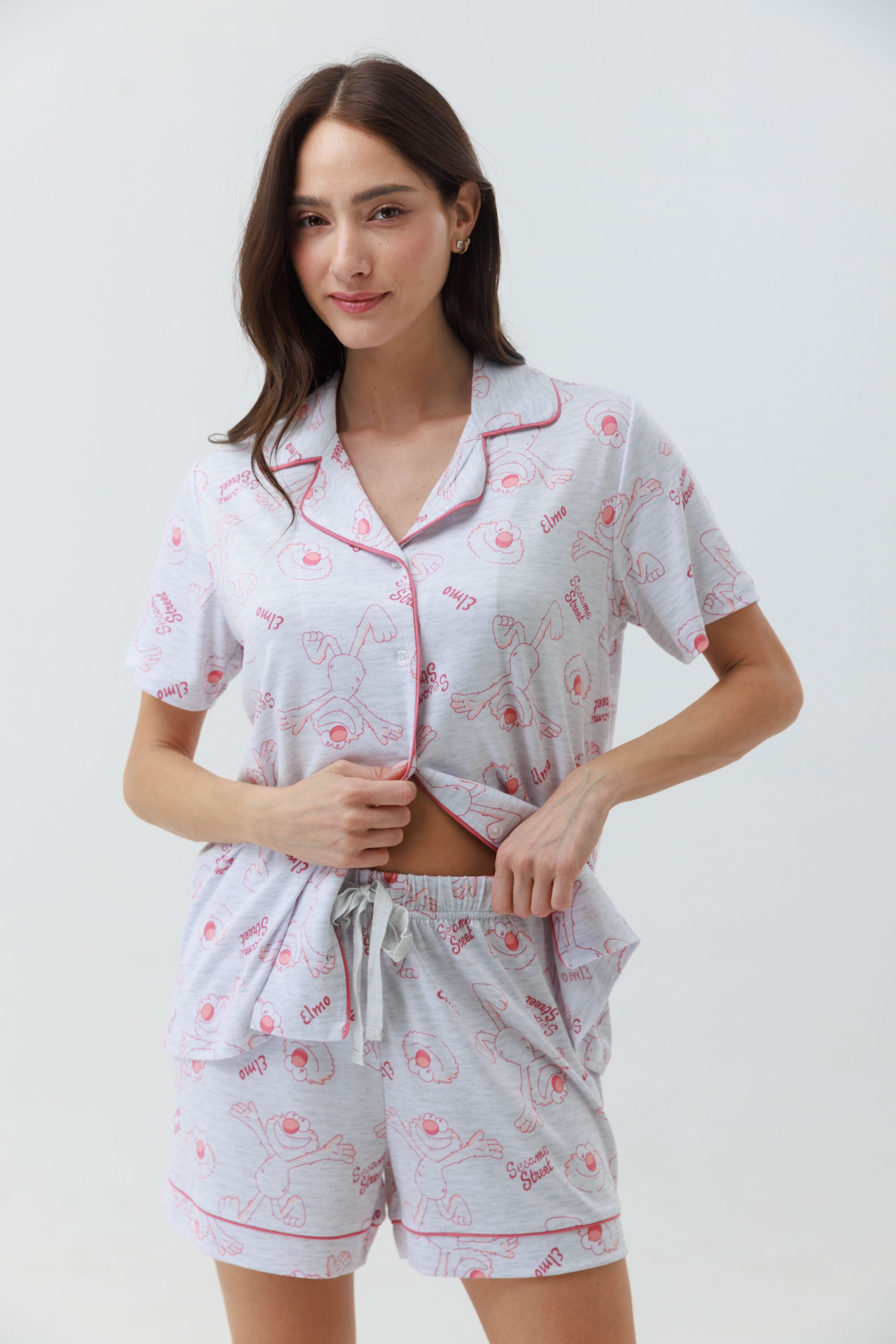 פיג'מה מכופתרת קצרה יאמי -אפור מלאנז