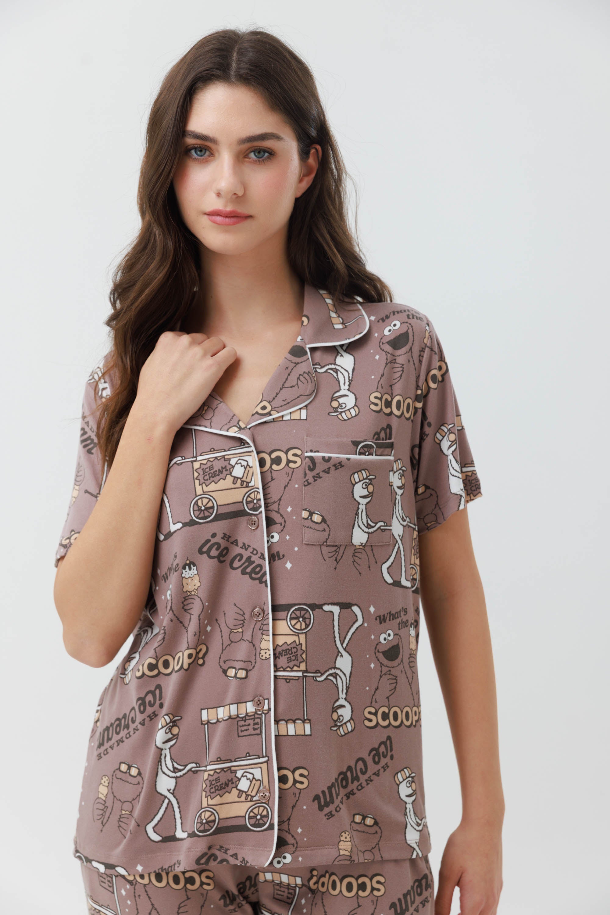 פיג'מה מכופתרת ארוכה יאמי - קפה