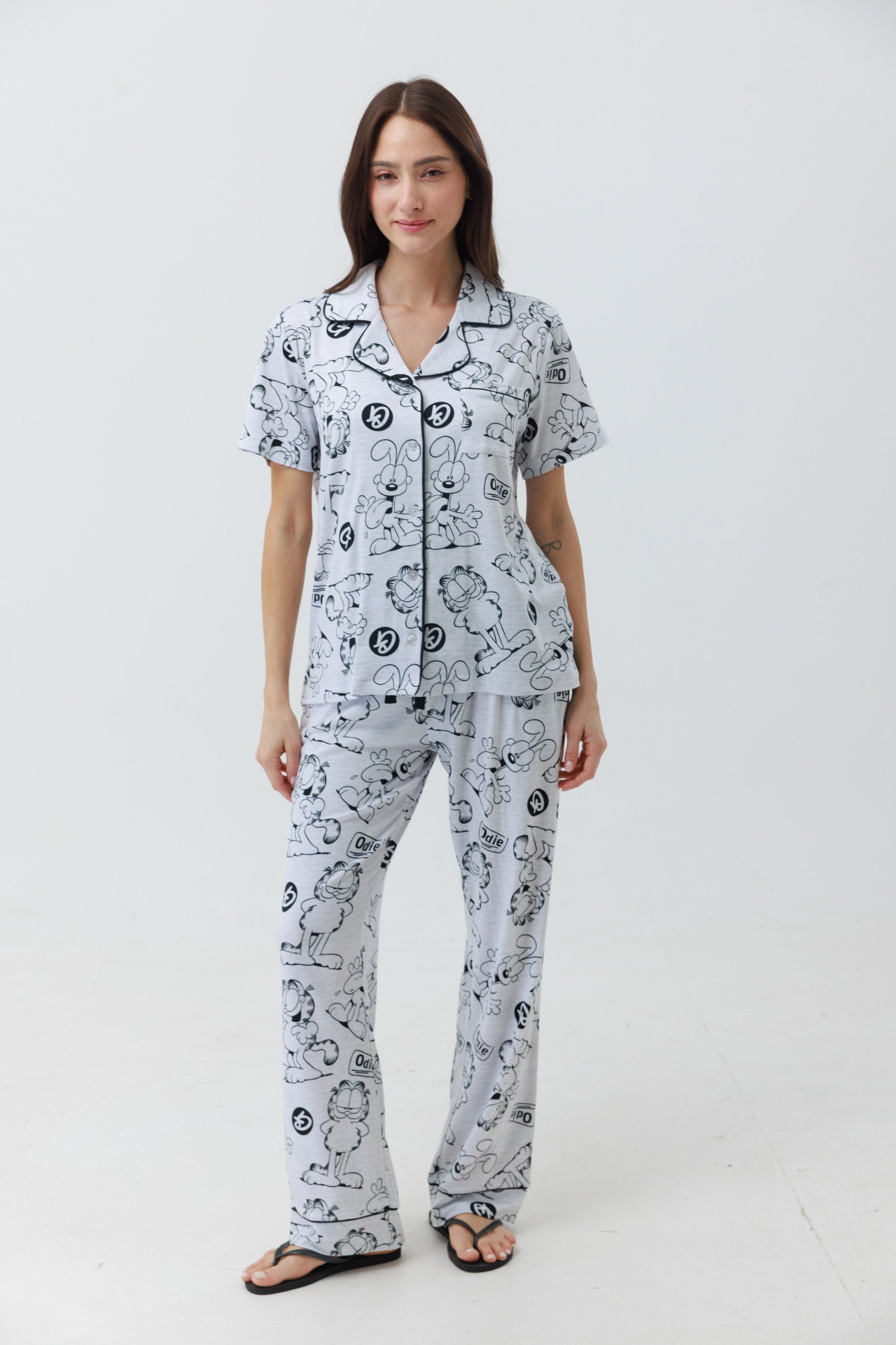 פיג'מה מכופתרת ארוכה יאמי - אפור מלאנז