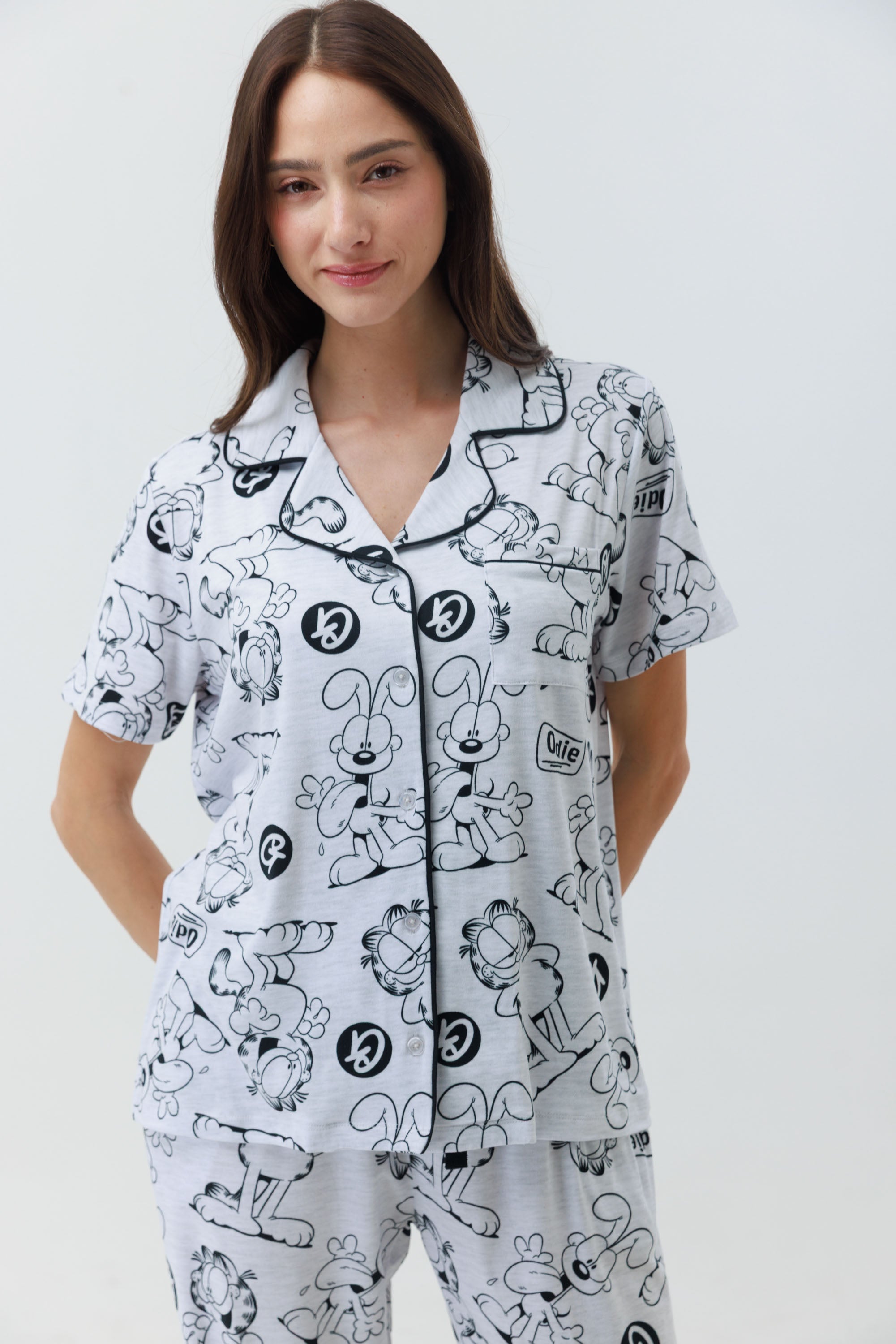 פיג'מה מכופתרת ארוכה יאמי - אפור מלאנז