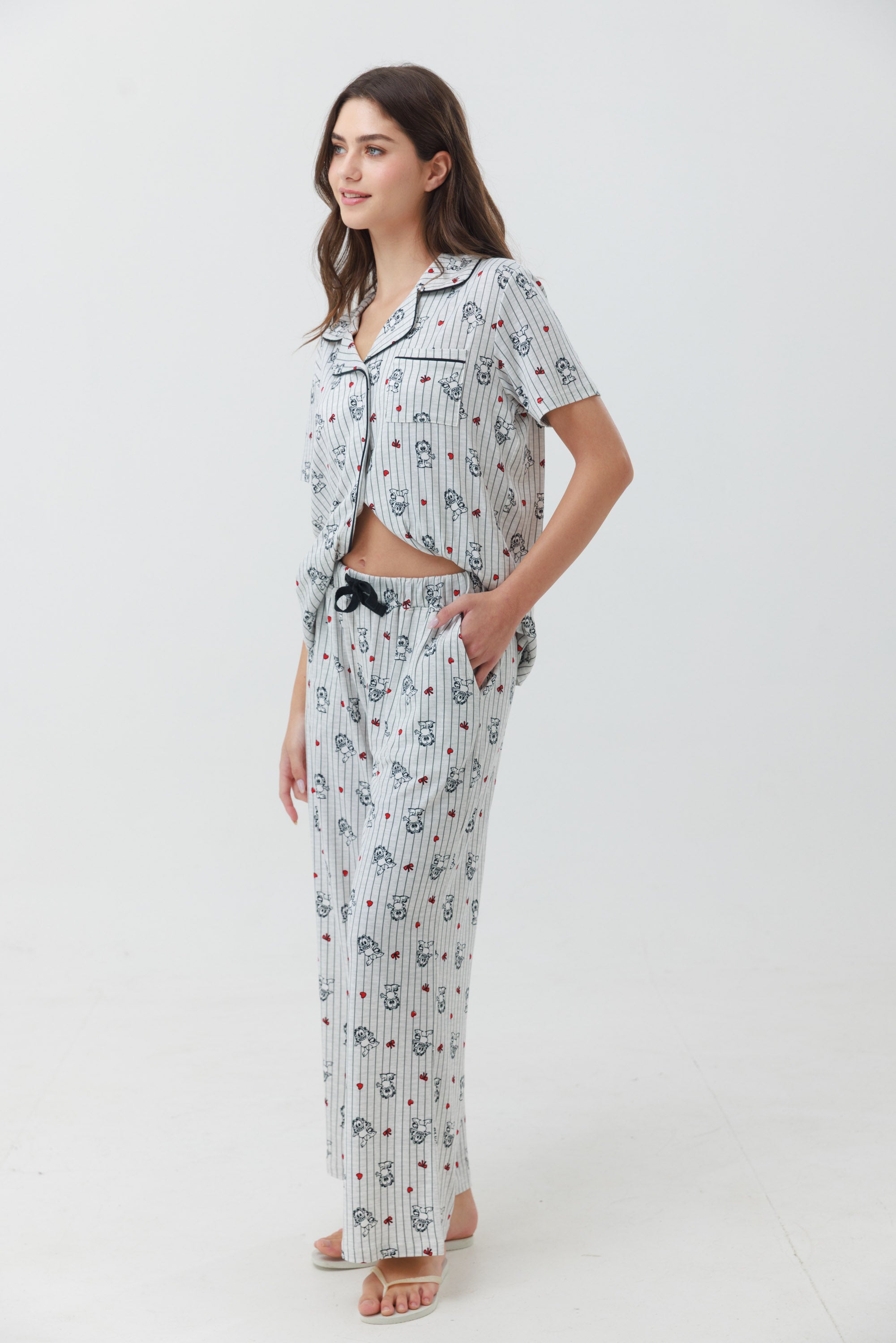 פיג'מה מכופתרת ארוכה יאמי צבע אפור מלאנז