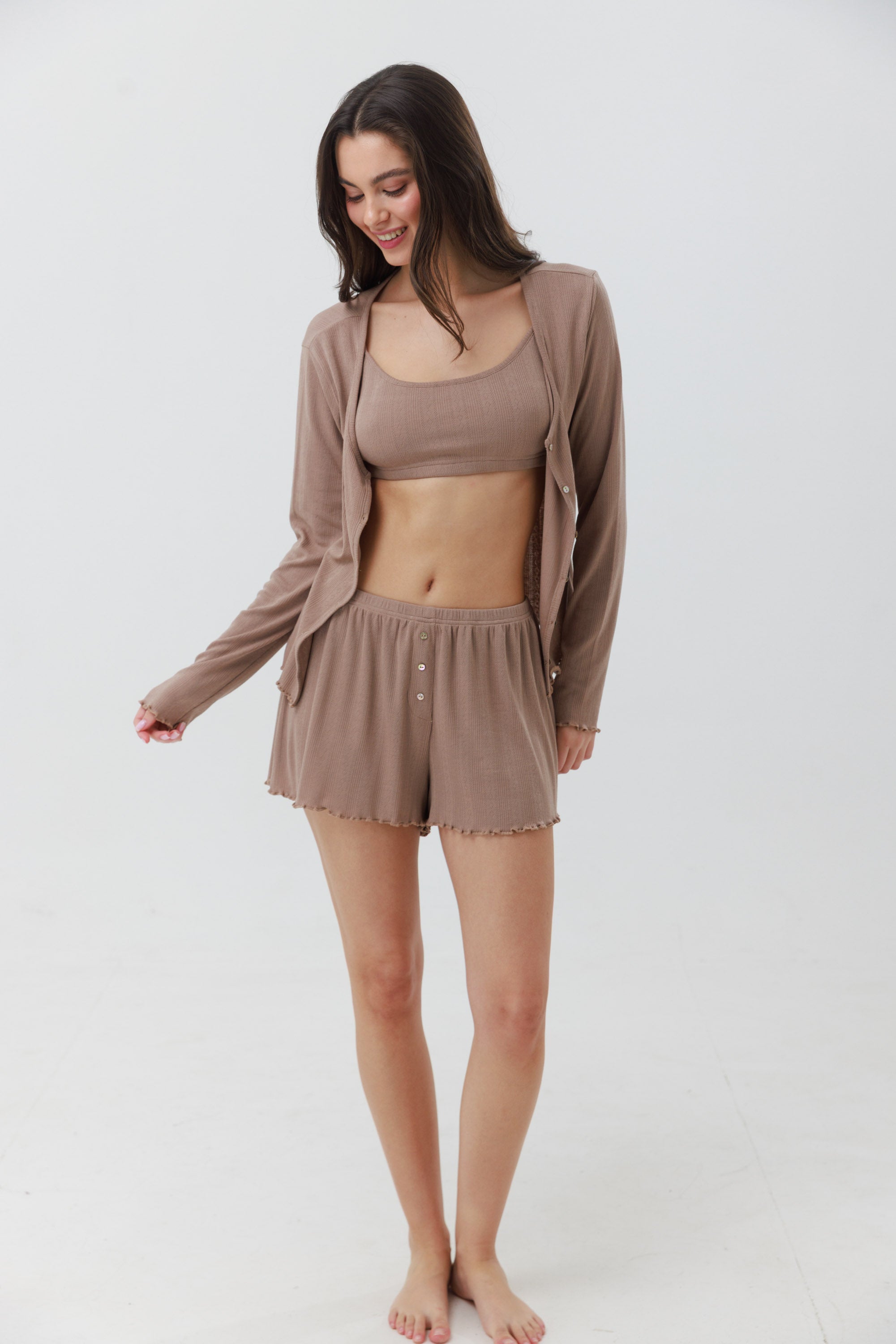 חליפת פנאי 3 חלקים מבד פוינטל צבע חום