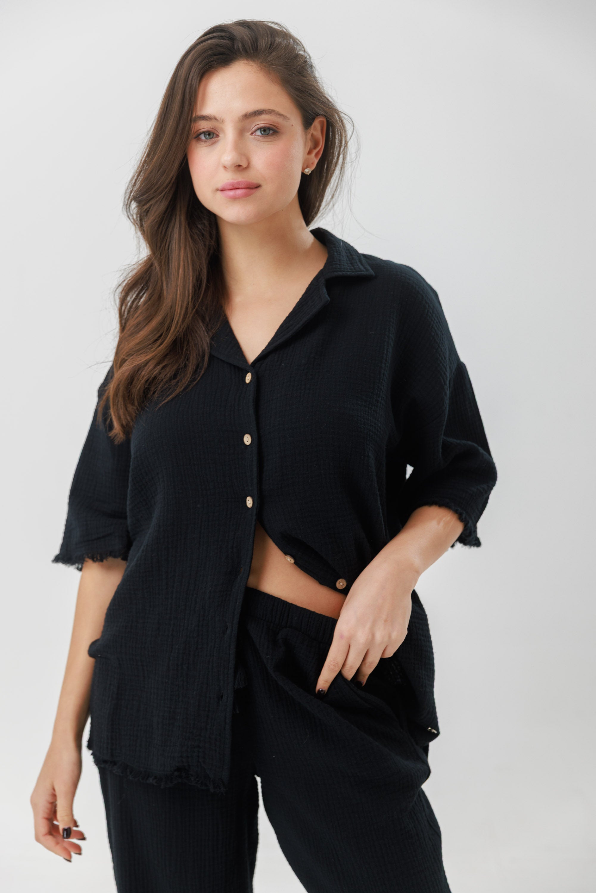 חליפת טטרה מכופתרת 100% כותנה - שחור