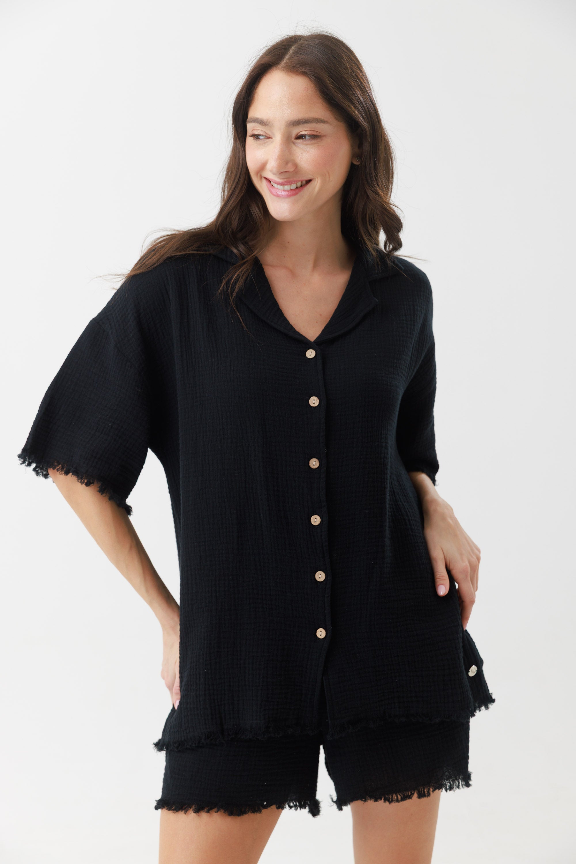 חליפת טטרה מכופתרת מכנס קצר 100% כותנה - שחור