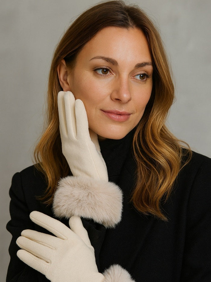 כפפות נשים פרווה - שמנת