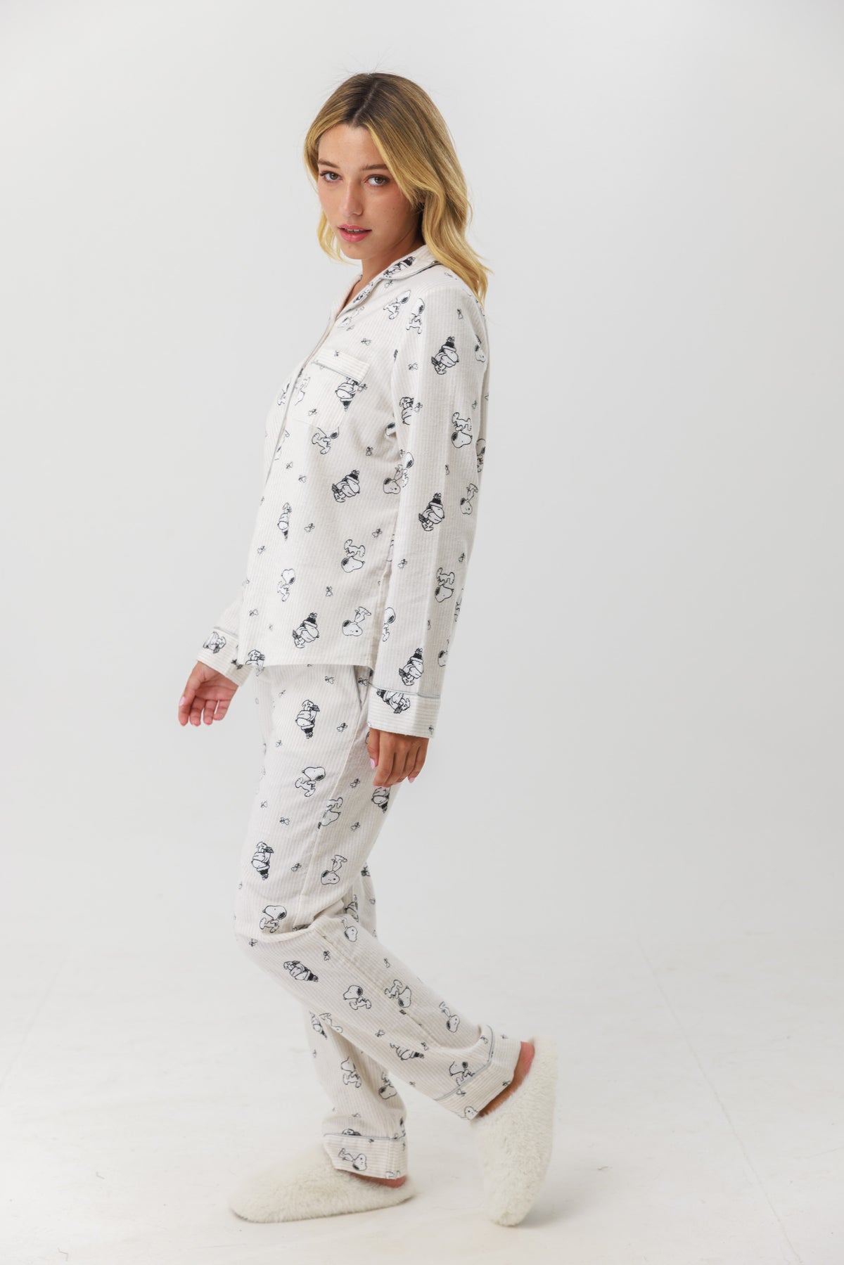 סט פיג'מה כותנה מכופתרת סנופי - אפור מלאנז