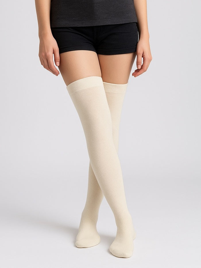 גרבי כותנה פרווה פנימית מעל הברך- שמנת