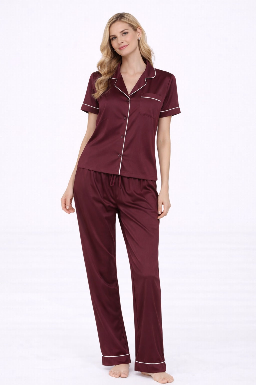 סט פיג'מת סאטן מכופתרת - בורדו